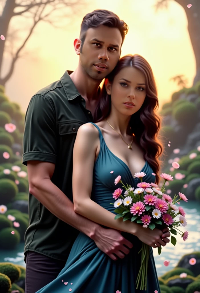 duo, a handsome male model poses with a gorgeous woman, couture photoshoot, beautiful outfits, jeju island fields in the background, clear skies, dappled light