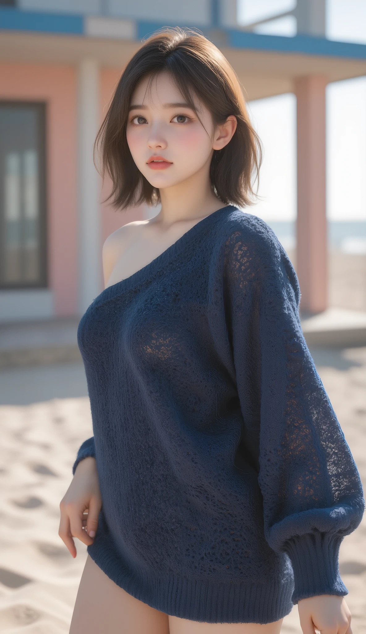 1 girl, short hair, Full Body Shot, Brown eyes, Casual wear, city, Absurd, High resolution, Super sharp, 8k, masterpiece, View your viewers, Pure Erotic Face Ace_v1 , High resolutionolution, The finer details, Face line, (Realistic, Realistic: 1.37), Professional Lighting, Photon Mapping, Radio City, Physically Based Rendering, Rich details, (Beautiful Face),(Beautiful Eyes), (Clear Face), (Detailed face description), (Detailed hand description), Extreme light and shadow, Glowing Skin、cool、Diagonal bangs、Melancholy、shopping、Standing on the beach