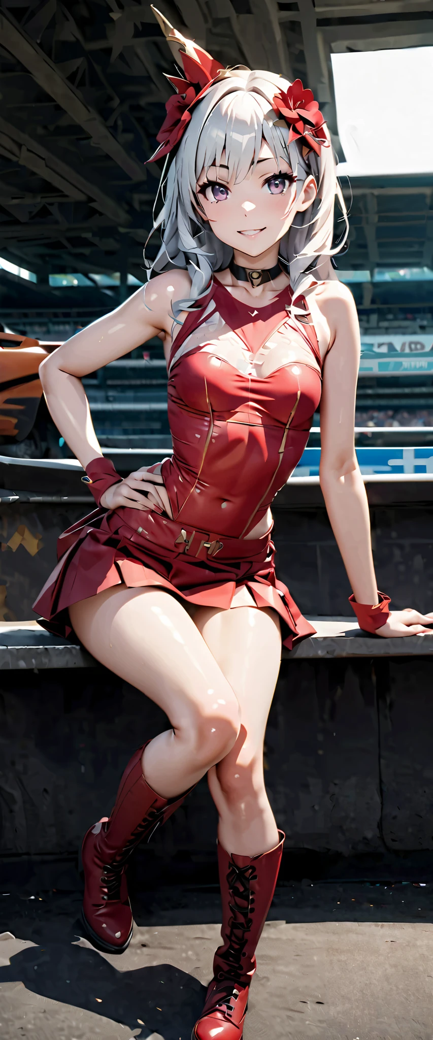 Top Quality, Ultra High Resolution, 1 person, small breasts, black chokers, smile, Expose your shoulders, just focus , Viewer, white skin,Car Race Track, photon mapping to Viewer, Physically Based Rendering, RAW photo , very detailed background, K-pop idols , depth of field, hair ornaments close to the garden, detailed face, Glowing Skin, game cg,full body, shiny micro mini skirt , Shiny Microtube Top,shiny knee-length long boots , lace queen with her ,medium bust, sexy pose, tall and low sports cars,Gloss Lip,Shirai Kuroko