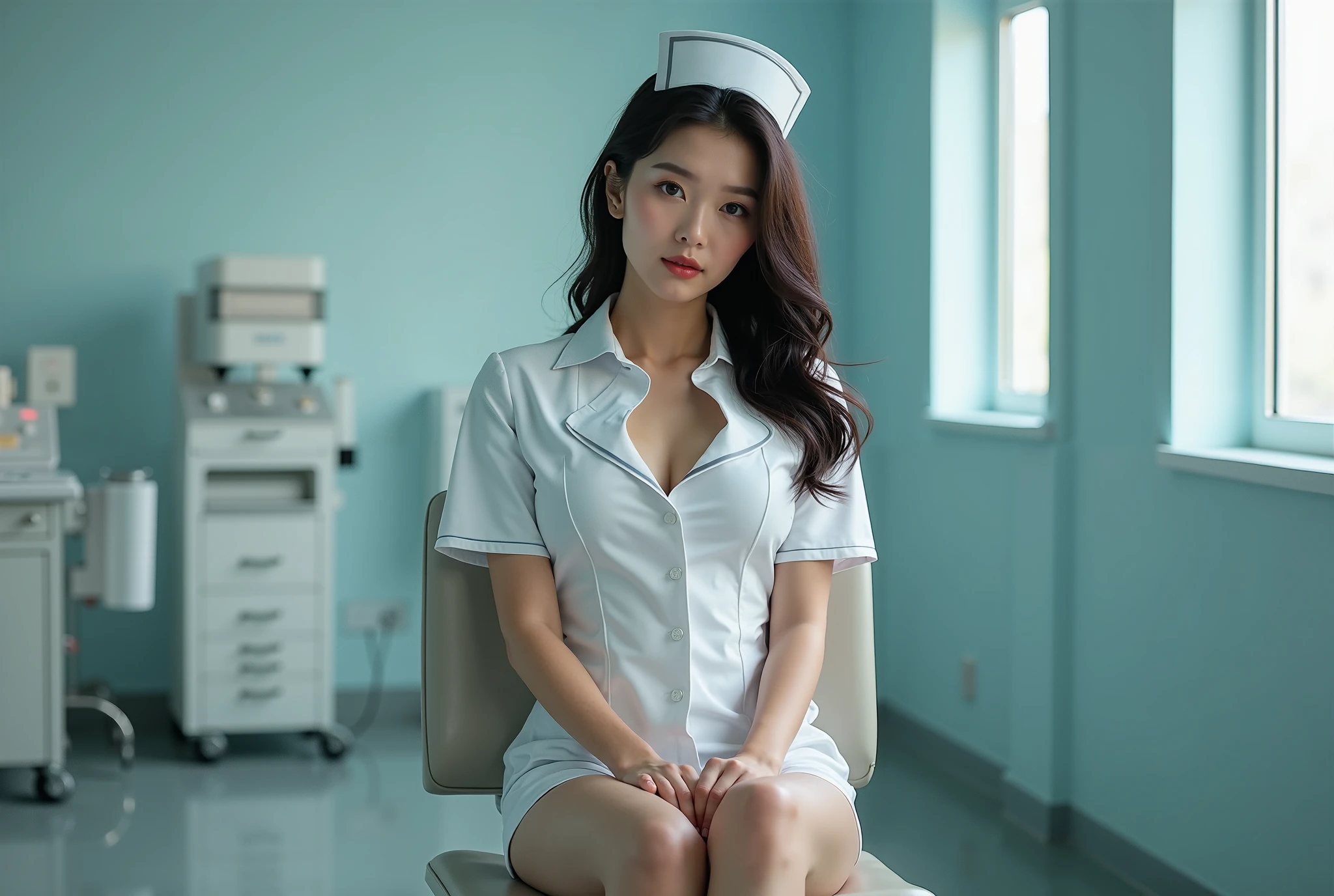A photo o girl in white nurse uniform, nurse dress, nurse sexy uniform, hospital nurse uniform, white nurse dress, very short and tight uniform, very revealing dress, very short dres, very skimpy and revealing uniform, low cut dress, very low cut dress, , has a big boobs, gigantic boobs, busty, cleavage exposed, major boobs uncovered, major cleavage exposed, braless, no underwear, almost nudes, in hospital, seductive eyes, seductive pose, lewd, great body proportion, accurate proportion body, Realism, Hyperrealism, anatomically correct, masterpiece, ccurate, anatomically correct, super detail, high details, high quality, best quality, high resolution