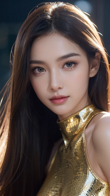 A beautiful girl in jeweled, bodysuit, long hair, detailed face, cinematic lighting, highly detailed, 8k, masterpiece, photorealistic, vibrant colors, chiaroscuro lighting