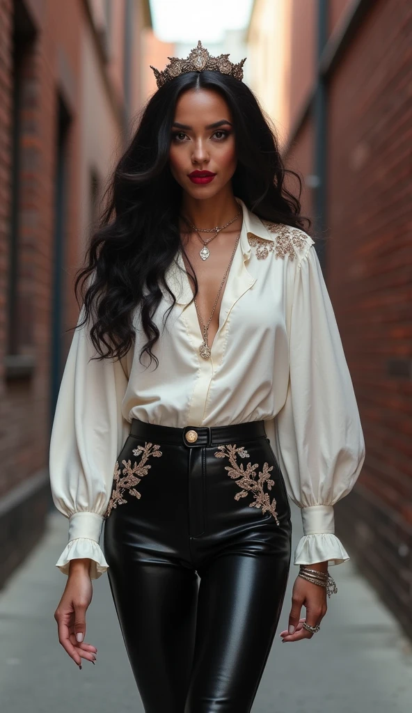 black curly hair 32 year old colombian woman with a full arm tatted with flowers and small breast skinny thick tan skin super fashionable wearing sunglasses with the hair style on to the size with red lips in italy with a silk pink bottom down shirt and a asymmetrical skirt