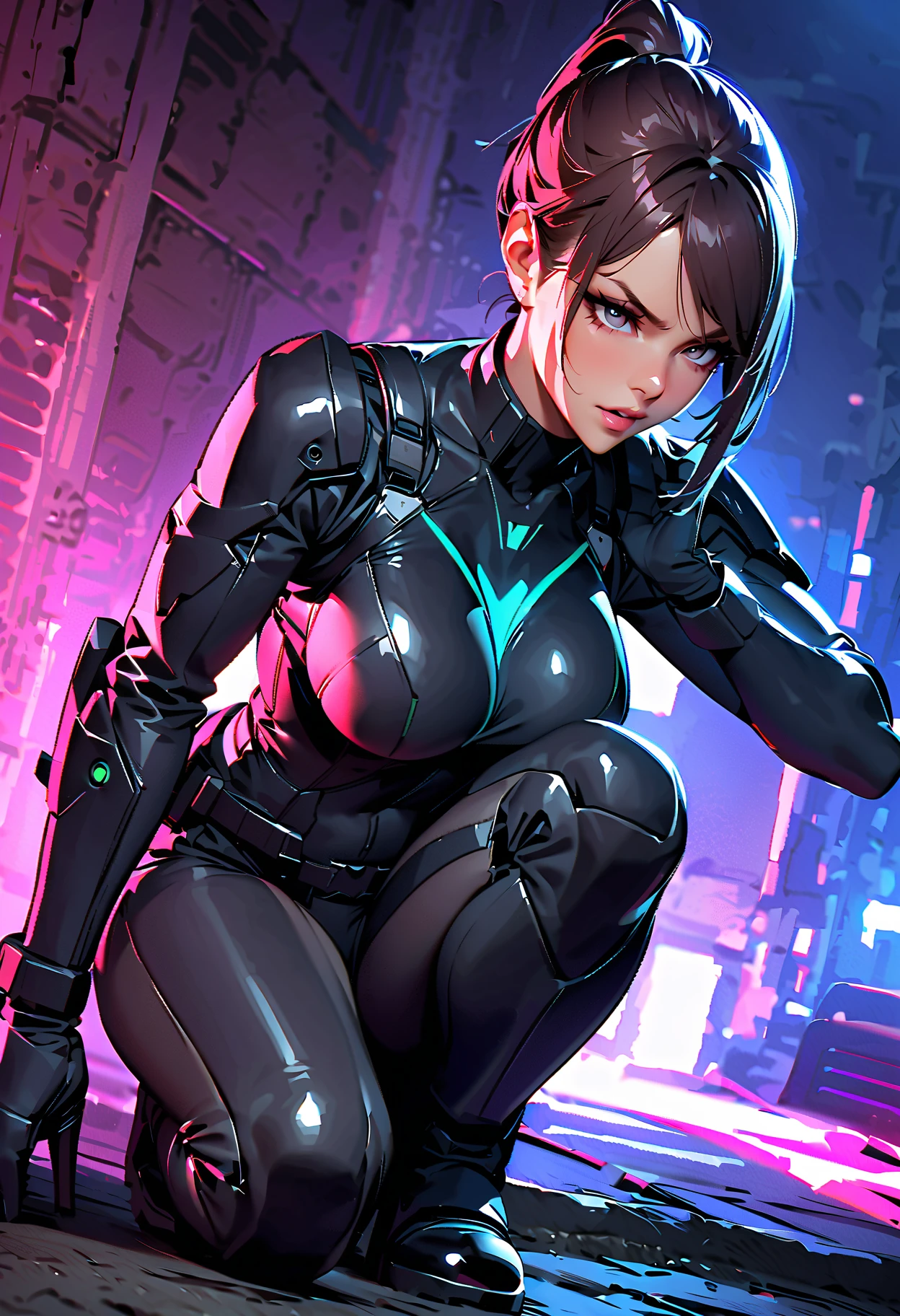 Raven from stellar balde, 1 woman，masterpiece, 8K quality, Sexy sci-fi girl,dynamic sexual pose, black hair, Ponytail, shiny tight blue-black bodysuit, cyberpunk, Amateur photographer, korean facial features, subsurface scattering, granularity, Very detailed skin texture, high quality, 35mm photography, granularity, hips, professional, 4K, very detailed, stellar blade in hand, blade, cowboy shot, brilliant, brilliant hair, (night:1.2),Dreamy, [[gentle fingers and hands:0.55]::0.85],(detailed fingers),),(emotional),(breathtaking),(main part:1.2) whole body.), (Anime Style), (Super Detailed), (brutal), (uhd, HDR), (8k), (High Resolution: 1.2), (Complex and Beautiful: 1.2),(emotional),(breathtaking),(main part:1.2) whole body.), (Anime Style), (Super Detailed), (brutal), (uhd, HDR), (8k), (High Resolution: 1.2), (Complex and Beautiful: 1.2)