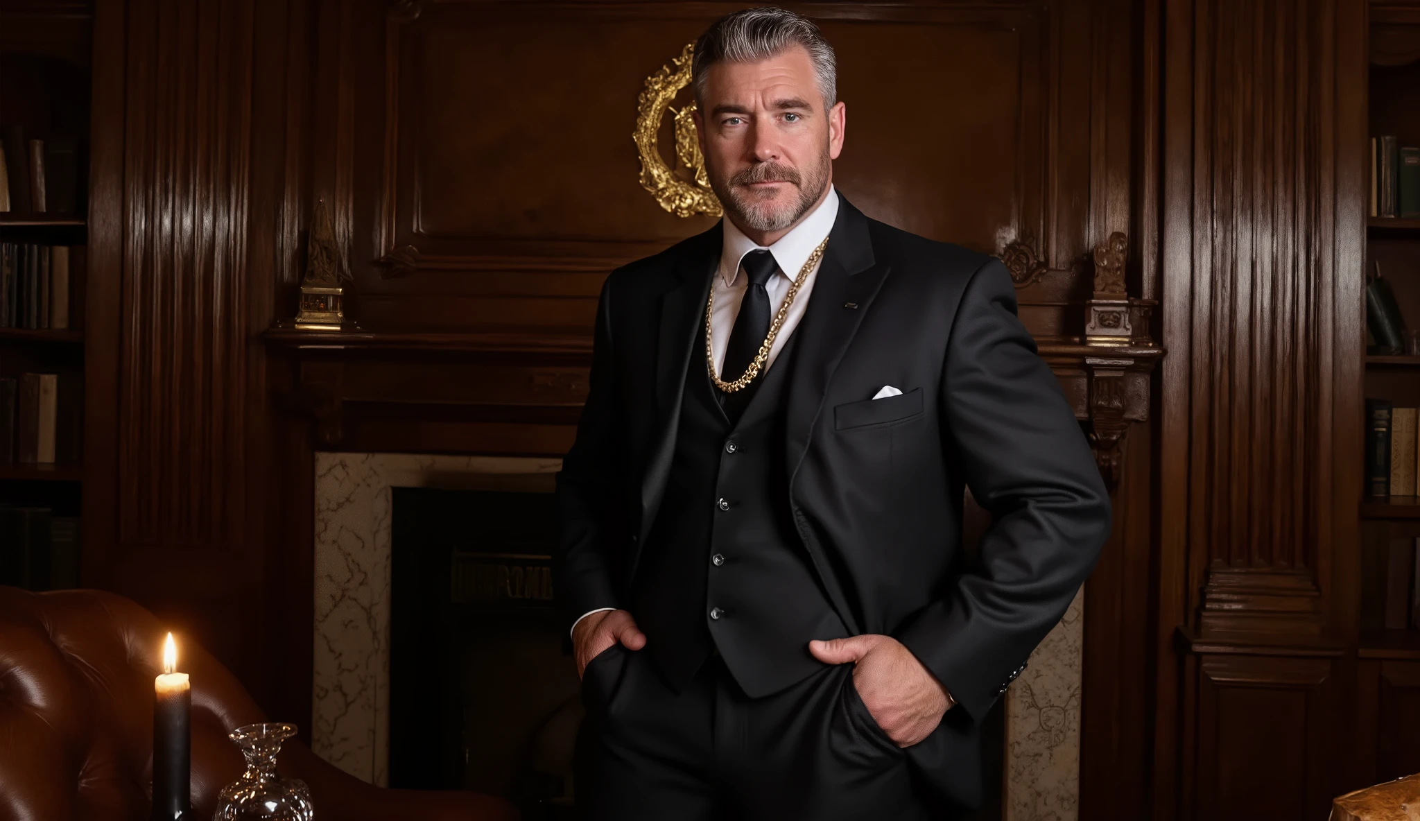 Masterpiece, Accurate, Award Winning, Best Quality, Extremely Detailed, 8K, HD, Super-Resolution, Photorealistic, Full Colour. A tall, statuesque, powerfully built man with broad shoulders and a sculpted, muscular physique stands in an opulent, baroque-style headmaster’s office, surrounded by dark mahogany bookshelves and a grand fireplace casting a warm, golden glow. His salt-and-pepper hair is slicked back with precision, accentuating his chiseled jawline and piercing grey eyes, which radiate absolute authority and controlled desire. He wears an immaculately tailored three-piece black suit, the fabric clinging perfectly to his thick arms and powerful thighs, with a gold pocket watch chain glinting against his waistcoat. He stands with one hand tucked into his trouser pocket, the other gripping a gold fountain pen, exuding dominance and control. His plush lips, subtly curved into a knowing smirk, suggest a man who enjoys the power he commands. The soft flicker of candlelight reflects off the polished wooden desk, where a decanter of aged whiskey and two crystal glasses sit untouched. A plush leather armchair behind him suggests both luxury and authority, while a gilded insignia of the academy hangs prominently on the wall, symbolising his absolute reign over St. Sebastian’s Academy. The shot is taken at a low angle, further emphasising his dominance and allure, while the soft focus on the foreground enhances his commanding presence. The lighting is moody and dramatic, casting deep shadows across his muscular form, intensifying his forbidding yet irresistible presence.