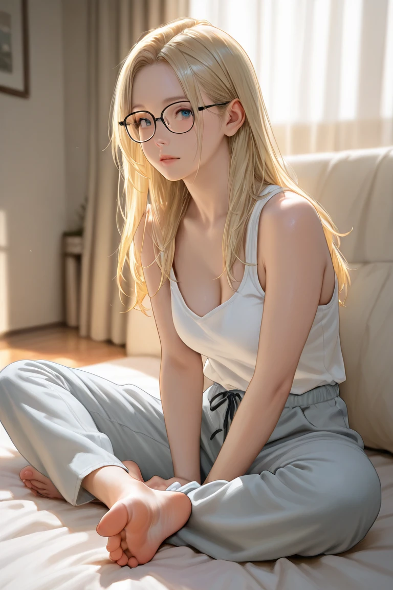 a blonde girl in a wet white t-shirt, black shorts, fishnet stockings, sneakers, round glasses, beautiful detailed eyes, beautiful detailed lips, extremely detailed eyes and face, long eyelashes, photorealistic, realistic, 8k, hyperdetailed, (best quality,4k,8k,highres,masterpiece:1.2),ultra-detailed,(realistic,photorealistic,photo-realistic:1.37),HDR,UHD,studio lighting,ultra-fine painting,sharp focus,physically-based rendering,extreme detail description,professional,vivid colors,bokeh, full body view