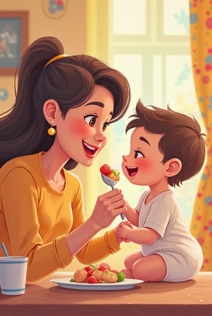 an animated mother in a white shirt and dark blue apron with dark brown colored wavy hair gave a plate of food to her baby sitting in a brown high chair and wearing a pink drool bib