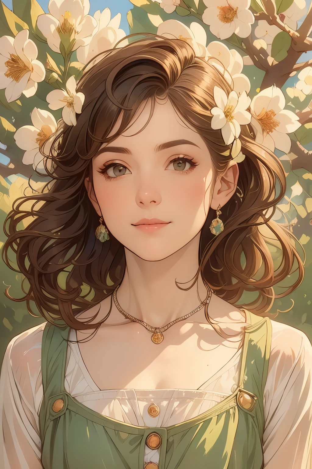(detailed oil painting of a beautiful woman), rough touch, focus on face, (small smile with calm, kind and bright expression), ((silver grey brown almost straight medium long hair!)), ((close up)), shiny skin, glossy lips, ((casual pastel colored spring clothes)), (spring outfit), (smart figure), small necklace, soft spring sunlight, small spring flowers of various colors, young leaves on trees, striking portrait, use of contour, clean line drawing, fine and intricate details, bright primary colors used partially as accents, floral frame, Art Nouveau frame, Art Nouveau decoration, floral decorative panel, fine and intricate details, (Alphonse Mucha compositional style), muted colors, impressionist style, stress-free mixed media masterpiece, amazing!, beautiful!,