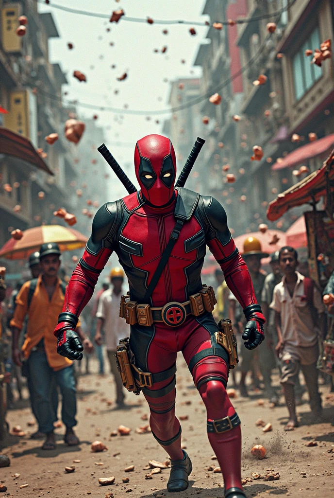 (photorealism:1.2), (HDR quality), (realistics), the wolverine claw is stubed the deadpool chest(sharps claws), at the traditional market(detailed situations and conditions), many people watching them