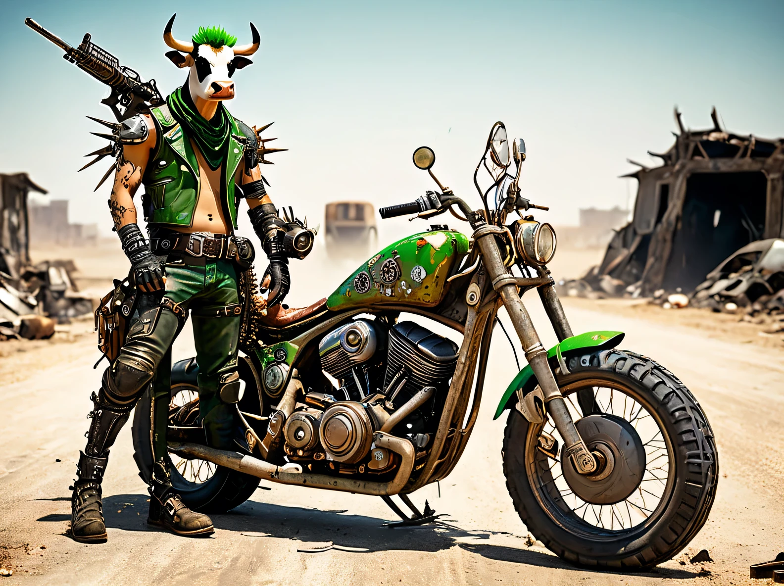 Post-apocalyptic world inspired by Fallout and Mad Max. A cow with a wild expression, a green mohawk, and sunglasses stands next to a heavily modified motorcycle made of scrap metal, decorated with spikes. The cow rests one hoof on the bike while holding a large rifle over its shoulder, with the stock facing forward. The cow is NOT sitting on the bike. The background features a desolate wasteland with remnants of a destroyed city, dusty roads, and rusted vehicles. The atmosphere is gritty, retro-futuristic, and filled with chaos