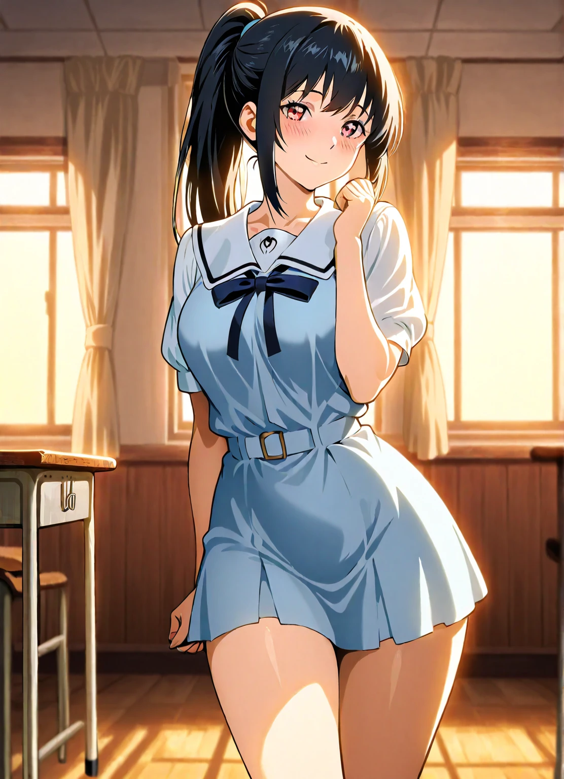 anime - style image of a woman in a white bra top and panties, seductive anime girl, marin kitagawa fanart, makoto shinka, rin, small curvy , anime best girl, sexy pose, smooth anime cg art, asuka suit under clothes!, cushart krenz key art feminine, ayaka genshin impact, zerochan art, akebi komichi, serafuku, cute sailor uniform, 18yo,Young female,Beautiful Fingers,Beautiful long legs,Beautiful body,Beautiful Nose,Beautiful character design, perfect eyes, perfect face,expressive eyes, white sailoruniform
official art,extremely detailed CG unity 8k wallpaper, perfect lighting,Colorful, Bright_Front_face_Lighting,shiny skin,
(masterpiece:1.0),(best_quality:1.0), ultra high res,4K,ultra-detailed, (One lady)、(masterpiece)、(best qualtiy)、(ultra-detailliert)、(a high chroma)、(CG Illustration)、((Full Angle))、Female, 18 years old、Delicate beautiful face、(red blush)、(Wavy long hair、Dark black hair)、(dishevled hair)、((Shoulder top))、See-through clothes:1.3、((Black stockings))、(Pink Lace Panties)、(Dark blue pleated skirt)、(teats)、breasts of medium size,、((turned around))、(Woman sitting on the floor)、The best lighting、simple background