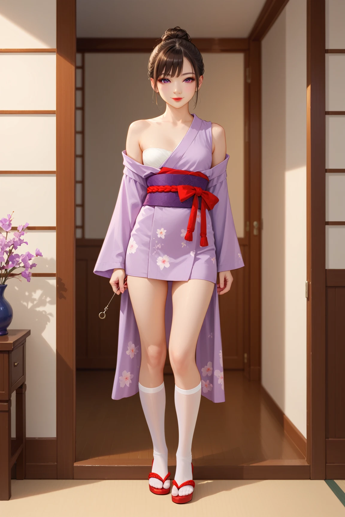 (Finest quality)),(A high resolution),(ultra-detailed art),(Meticulous portrayal),((Best Anime)),(Finest works of
art),sharpness,Clear,Ultra-Precision Art,The art of astounding depiction,(masterpiece),
short Hair ponytail, short ponytail, purple hair, vibrant purple hair, extremely detailed hair, detailed bangs, with
bangs,
pretty face, beautiful lips, soft lips,pretty face, close up face,serious face, pretty nose, beautiful nose,
pretty eyes, beautiful eyes, detailed eyes, perfect eyes, green eyes,
happy, jolly, smiling,
clear skin,white skin, soft skin, small bust, small breasts, smooth skin,
korean girl, korean beauty, irene, red velvet irene,
japanese yukata, violet yukata, japanese clothing, detailed yukata, yukata without the ribbon, japanese belt, detailed clothing, perfect yukata, violet skirt, mini skirt, ronin clothing, female ronin, cloth on breasts, slight cleavage,
cool pose, full body, detailed thighs, detailed legs,
super high-angle shot, no background,looking at camera,