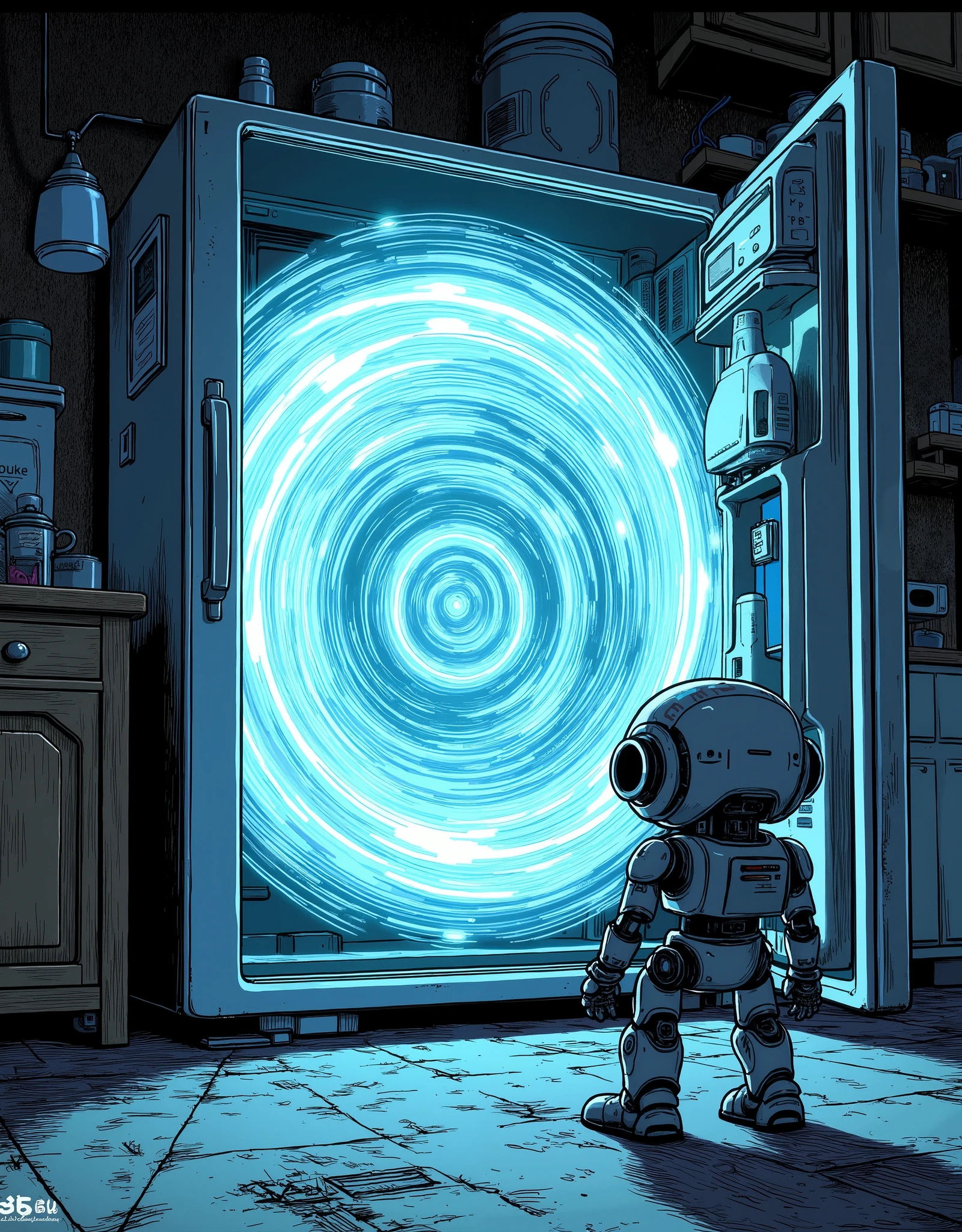 (masterpiece:1.2,BEST ILLUSTRATIONS:2.0,very detailed.2.0),8k,16k,wallpaper,( glowing portal:2.0),(The refrigerator door is open:2.0),(冷蔵庫の中は別次元へと繋がる glowing portal:2.0),(An old Japanese apartment room:2.0),(A cute little robot is standing in front of the refrigerator door:2.0),(渦巻く glowing portalの美しいグラデーションと神々Shiny Light Vortex:2.0),(comics:2.0),(Line Art:1.0),dynamic angles from below