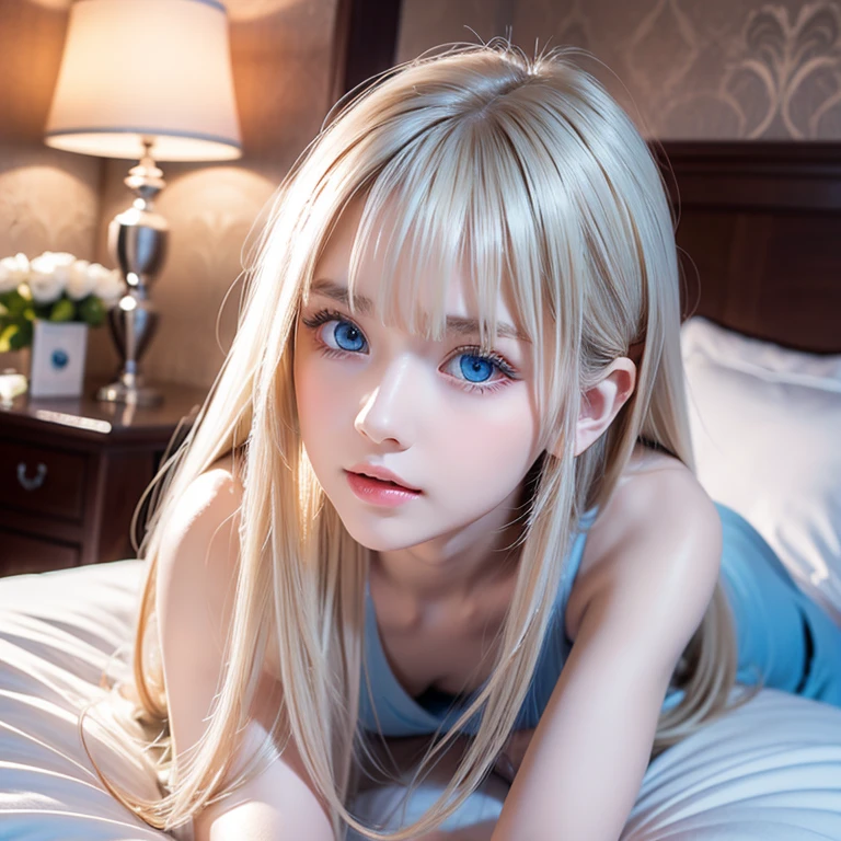 A very white and beautiful 20 year old blonde girl、masterpiece, highest quality, figure, Ultra-fine detail, Natural platinum blonde with a natural shine、Super long straight silky hair、Super long Rapunzel hair、Hair tangled all over the body、Messy bangs on the eyes,、Face-covering bangs、bangs、High resolution, 8K TV Wallpaper, Perfect dynamic composition, Beautifully detailed large light blue eyes , Very big eyes、of hotel(bed)、Small Face Beauty、Round face、On all fours、double eyelid
