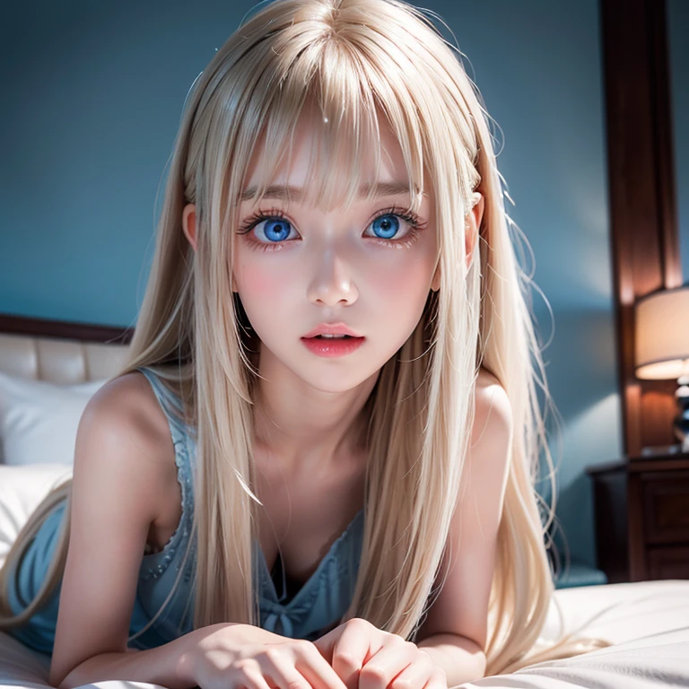 A very white and beautiful 20 year old blonde girl、masterpiece, highest quality, figure, Ultra-fine detail, Natural platinum blonde with a natural shine、Super long straight silky hair、Super long Rapunzel hair、Hair tangled all over the body、Messy bangs on the eyes,、Face-covering bangs、bangs、High resolution, 8K TV Wallpaper, Perfect dynamic composition, Beautifully detailed large light blue eyes , Very big eyes、of hotel(bed)、Small Face Beauty、Round face、On all fours、double eyelid