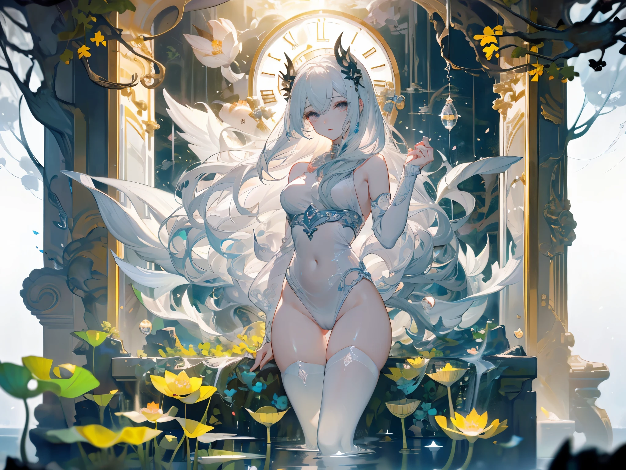 An ethereal digital artwork titled "Queen of Pearls" by artist Hess. The central figure is a woman emerging from an enormous oyster shell, her form seamlessly blending human and nacre.