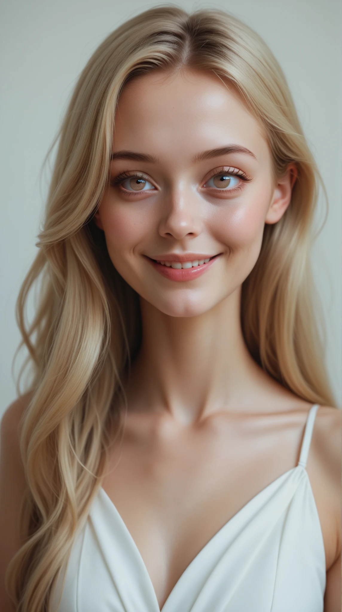 white young teen, (beautifully detailed face), long blonde hair, smiling, nude, viewed from above