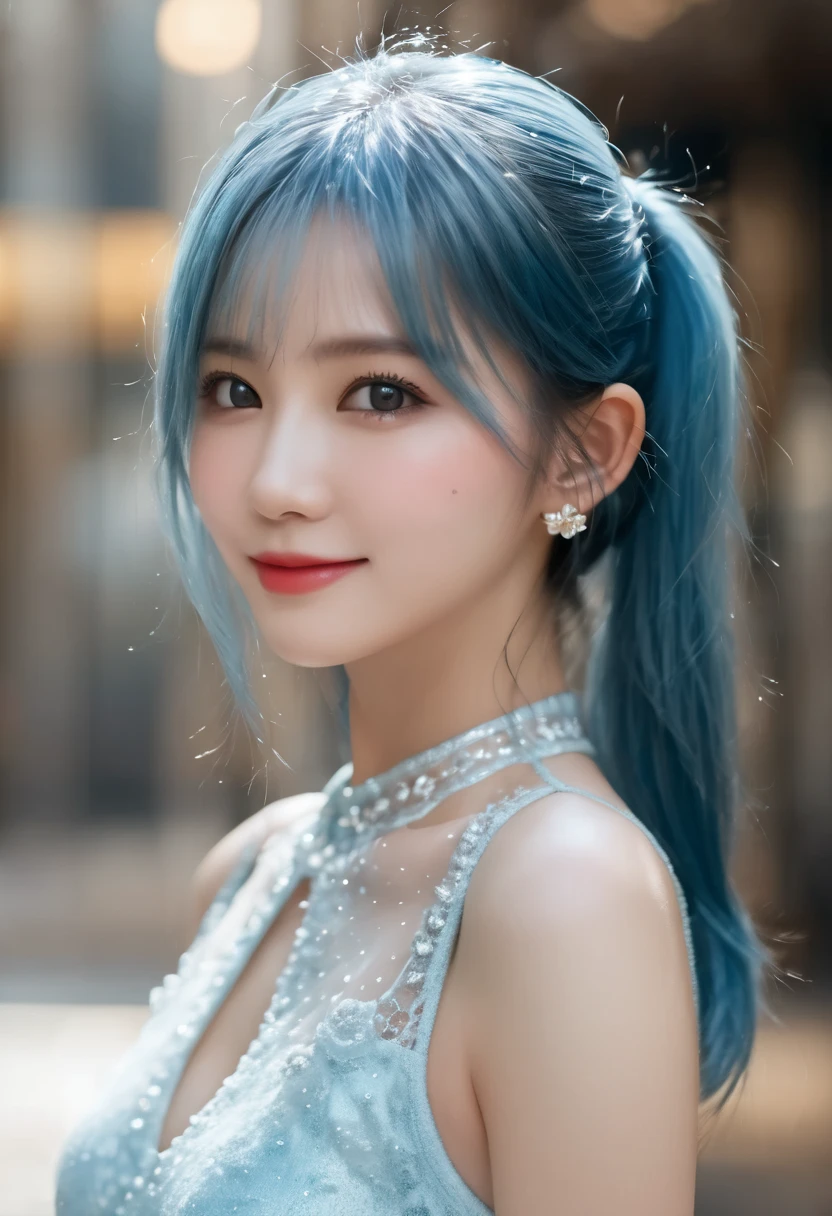 Colored inner hair, asymmetrical hair, hairpin, God&#39;s throne, one eye closed, pointed ears, earrings, Smile, red ears, seductive Smile, light blush, Heart in eyes, Upper body, Squint upward 45 degrees, White sweater top, Nevi at the corners of the eyes, Oval face, white hair, Surrealism, shadow, relief, Stereo view, vertical painting, Throw, atmospheric perspective, 8k, Super details, precise, best quality