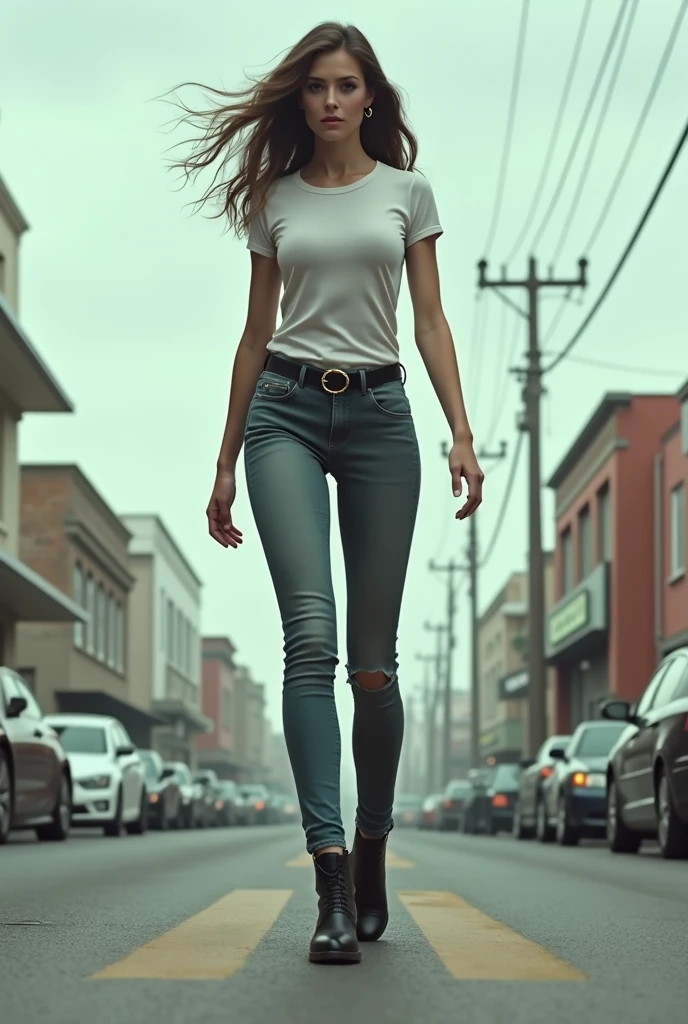 Woman wearing denim clothing, circa 1880s, Long curly blond hair, Brown eyes, High arched eyebrows, Slender and graceful neck, Red lips, Large Breasts, Brown Leather Leggings, Sleeveless Brown Leather Vest, Leather Boots, Walking on the dusty sandy streets of a deserted North American town,The wind blew through her hair, Practical, photoPractical, photoPractical, Fear, Dark atmosphere and dramatic lighting, Dark Red, Foggy environment, Detailed facial expressions, Thick fog