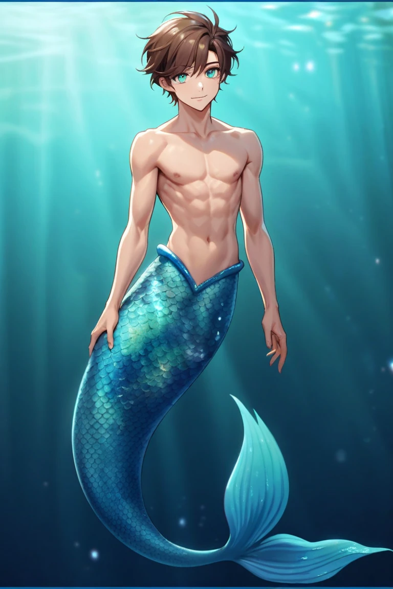 A handsome mermaid with short brown hair., yellow eye, Dark skin, black skin,Chest Hair,Hairy
