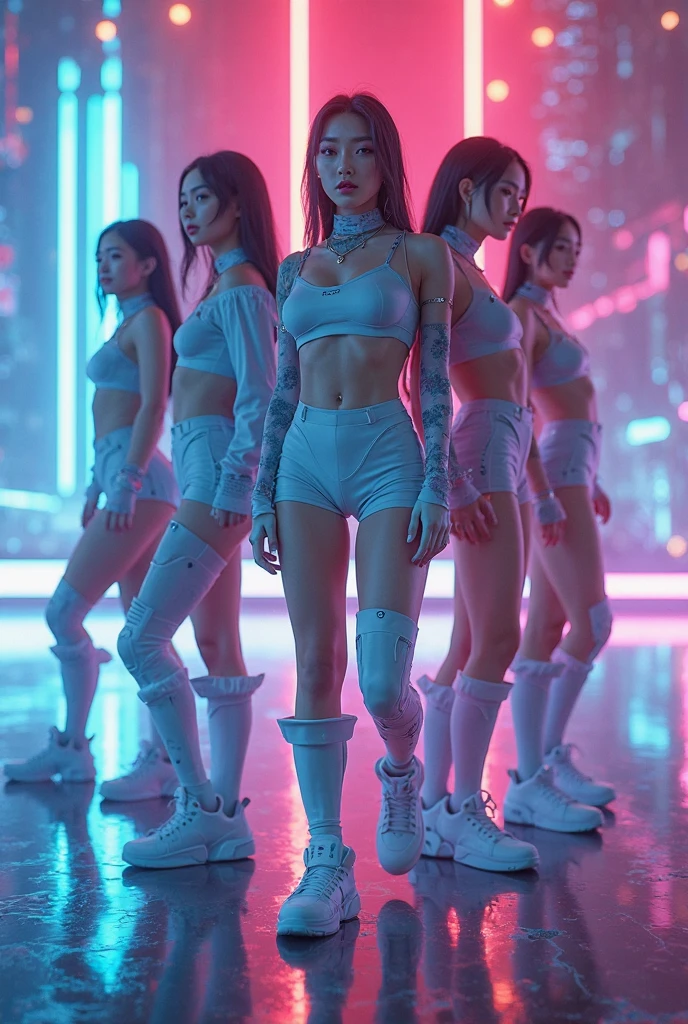 highest quality、surreal、perfect anatomy、crowded downtown area、Wet and shiny white skin、model body shape、Sweat dripping all over the body、Super small face、Ahegao、Cleavage、Cyberpunk City、Urban Tech Wear、pink、black、Silver、Money、