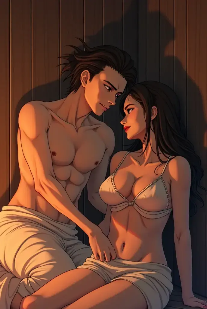 top-quality,　​masterpiece,　full body shot, Male and female couple, standing, in a bathroom shower, hands in chains, completely naked, (((naked, nsfw, bare skin))), long flowing black hair in waves, gold jewelry, necklace, earrings, Boy hugging girl tightly from behind,  boy has crew cut hair, Without glasses、passionate kiss, Revenge relationship, highly erotic, orgasmic expression, foreplay, squeezing breasts, assgrab, hand on breasts and ass, fondling, sweating, aftersex