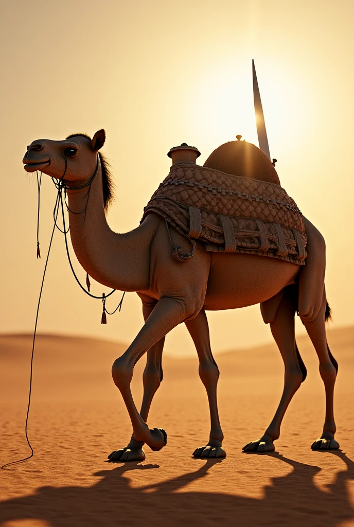 Camel in the sand desert with backhoe head