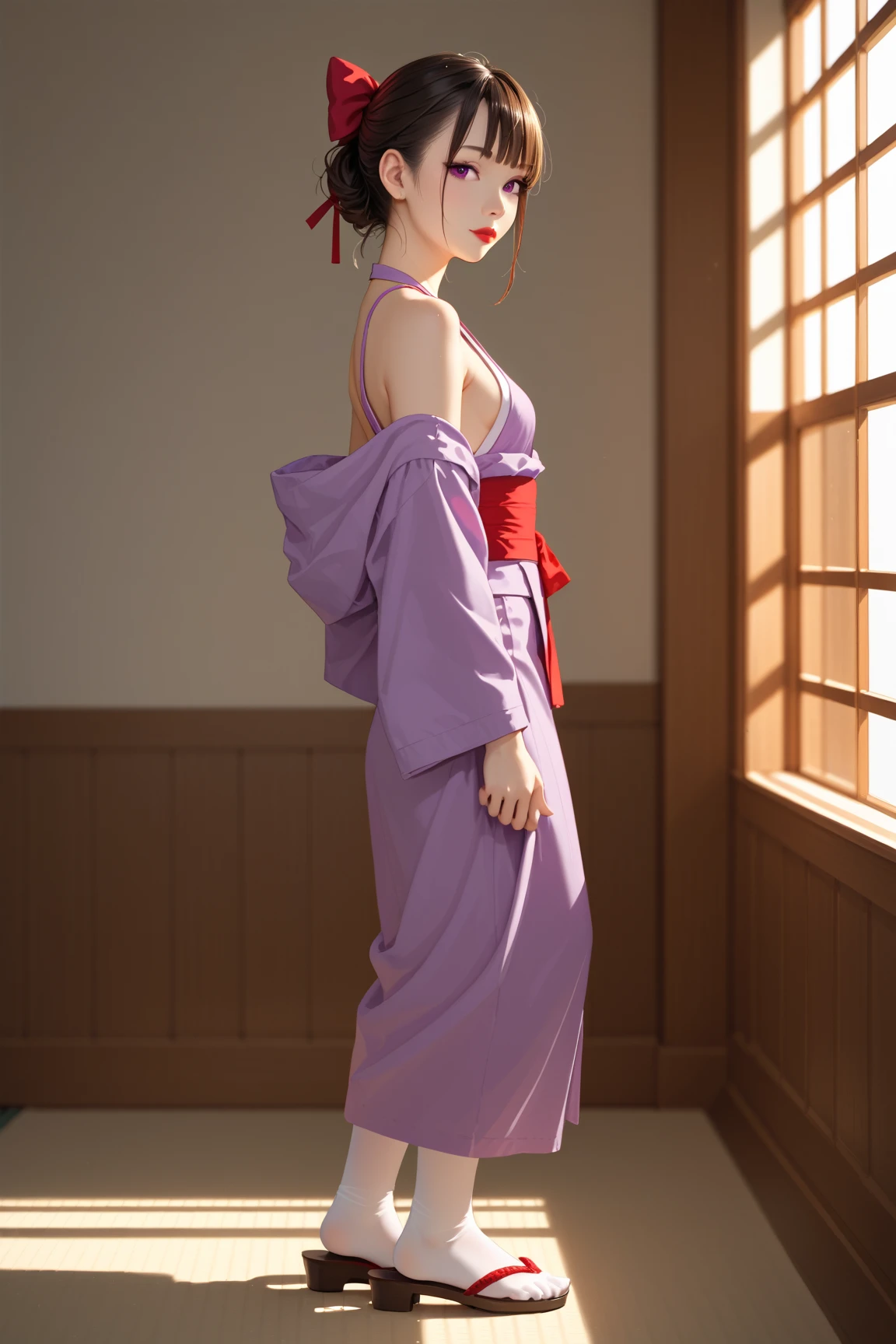  sexy asian woman, red eye shadow, pale skin, hair tied back with knitting needles, one bare shoulder, skinny, full body shot, small breasts, slim body, red lips, dark brown hair, bangs on the face, big purple eyes,(side view:1.5), (short kimano:1.3), (purple kimano:1.2),red bow on the back,wide sleeves kimono, japanese sandals with red ribbon, short kimano with legs cutout, white stockings, dark brown curly hair,(dressed in purple silk short kimono:1.4), no background, red lipstick, standing straight, full body shot, (hentai, 2.5D, cinematic), cinematic shot, sharp focus, fine details, realism,key visual, film still, depth of field, 8k,cinematic color grading, anime style
