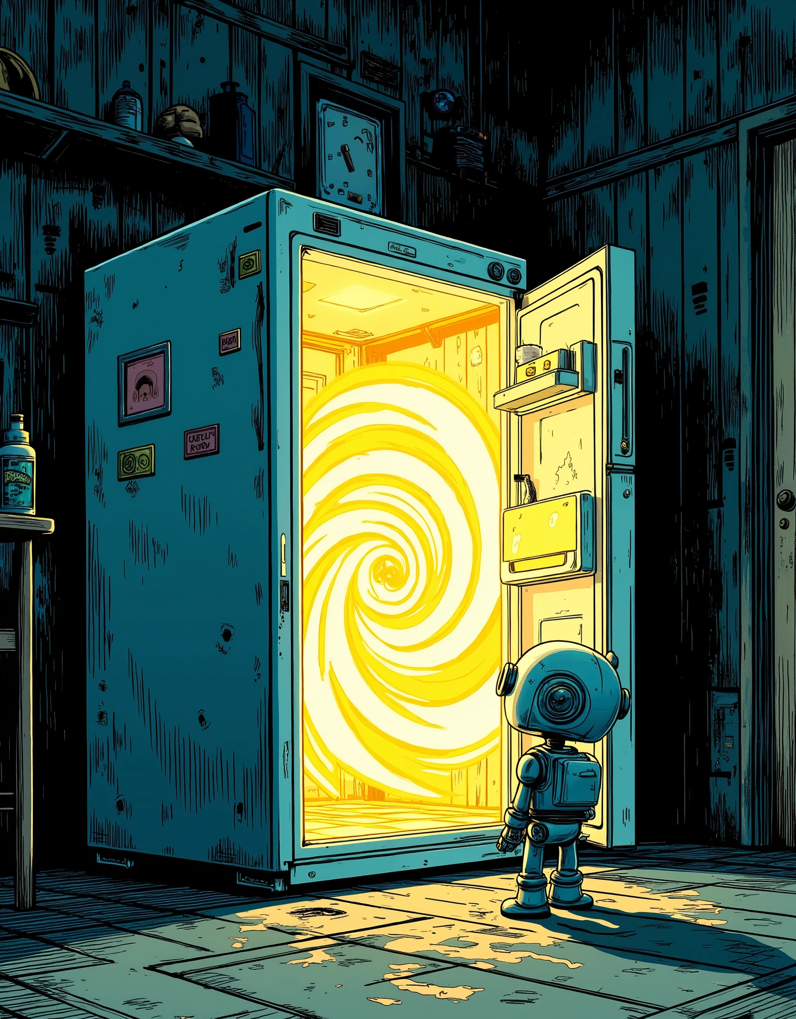 (masterpiece:1.2,best illustration:2.0,super detailed:2.0),8k,16k,wallpaper,( glowing portal:2.0),(The refrigerator door is open:2.0),(冷蔵庫の中は別次元へと繋がる glowing portal:2.0),(Old apartment room:2.0),(A cute little robot is standing in front of the refrigerator door:2.0),(渦巻く glowing portalの美しいグラデーションと神々Shiny Light Vortex:2.0),(comics:2.0),(Line Art:1.0),dynamic angles from below