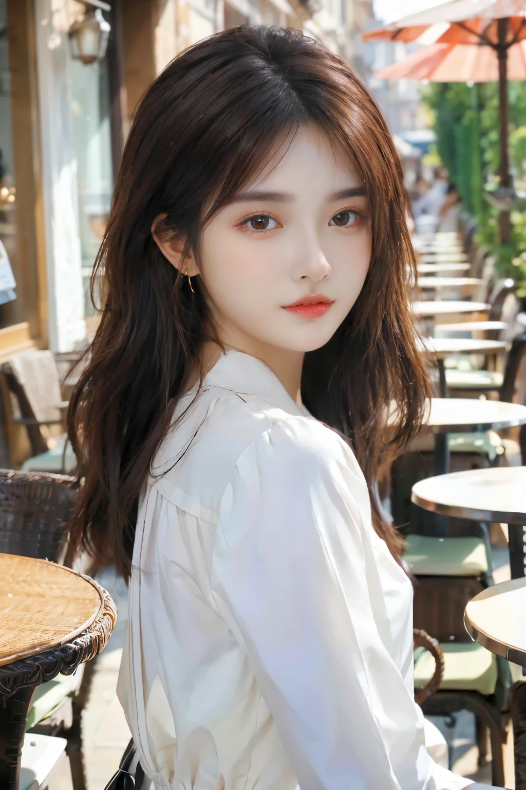 masterpiece、 best quality、Genuine、 Very detailed、Subtle details、 high definition 、8k wallpaper、 Beautiful Women、Wear a nice blouse、 on a nice cafe terrace、noon、 light brown tousled hair 、 perfect dynamic configuration 、 beautiful beautiful eyes、nice big earrings、