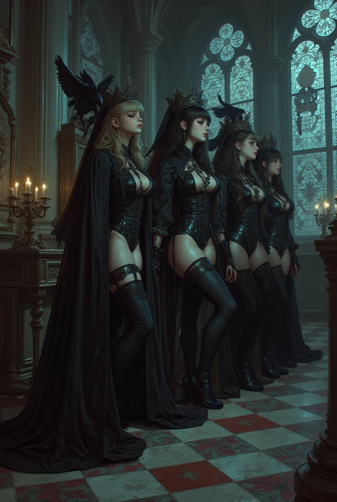 a group of ((pale skin)), ((white skin)), Athletic, ((pale skin)), brunette, 13 year old girls, wavy pixie haircut, ((goth)), naked, six-pack abs, ((black lipstick)), pink nipples, as fantasy warriors, sexy armor, in the style of William-Adolphe Bouguereau