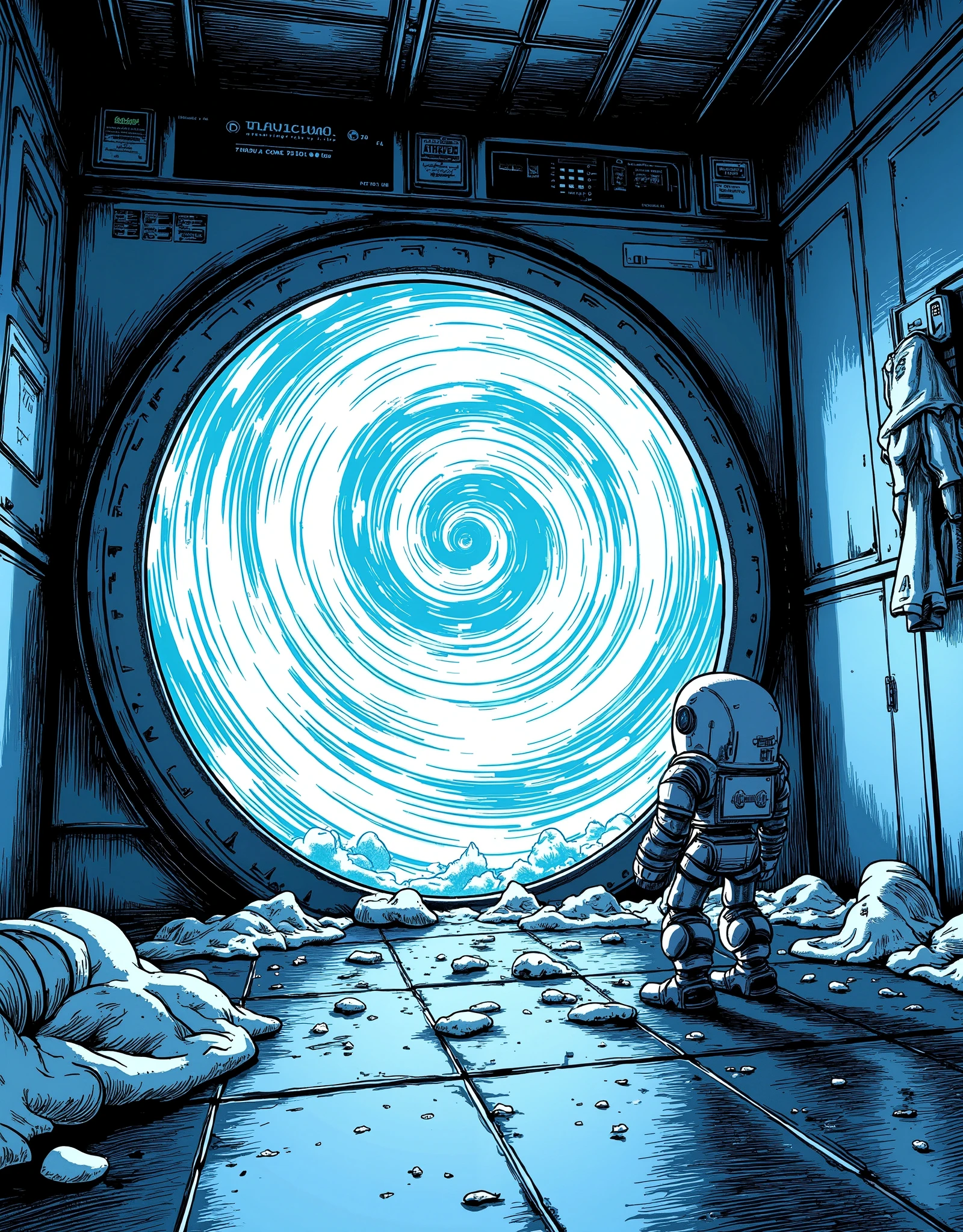 (masterpiece:1.2,best illustration:2.0,very detailed),8k,16k,wallpaper,( glowing portal:2.0),( laundromat:2.0)(The dryer door is open:2.0),(乾燥機の中は別次元へと繋がる glowing portal:2.0),(a small and cute robot is standing in front of the dryer door:2.0),(渦巻く glowing portalの美しいグラデーションと神々Shiny Light Vortex:2.0),(comics:2.0),(Line Art:1.0),dynamic angles from below
