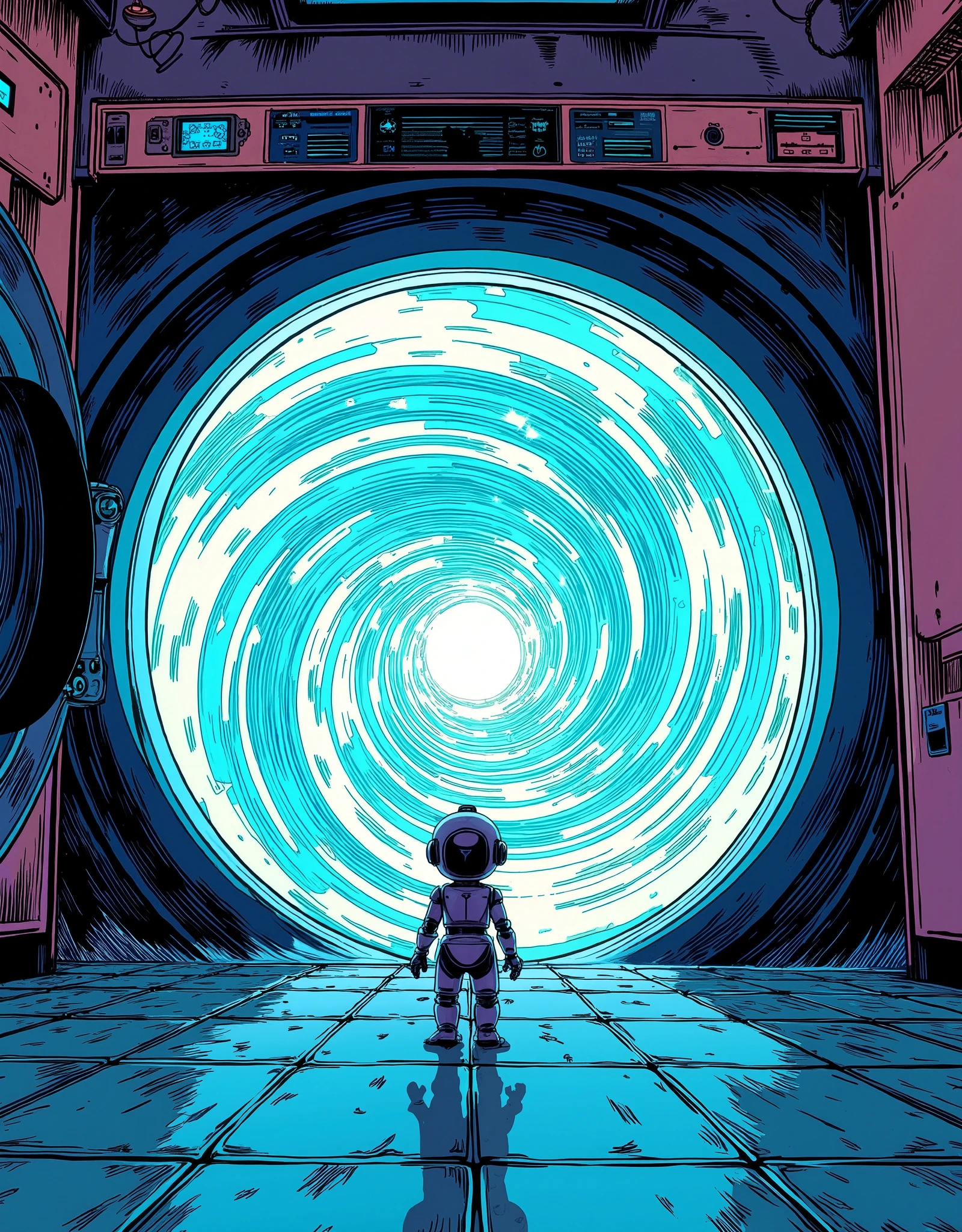 (masterpiece:1.2,best illustration:2.0,very detailed),8k,16k,wallpaper,( glowing portal:2.0),( laundromat:2.0)(The dryer door is open:2.0),(乾燥機の中は別次元へと繋がる glowing portal:2.0),(a small and cute robot is standing in front of the dryer door:2.0),(渦巻く glowing portalの美しいグラデーションと神々Shiny Light Vortex:2.0),(comics:2.0),(Line Art:1.0),dynamic angles from below