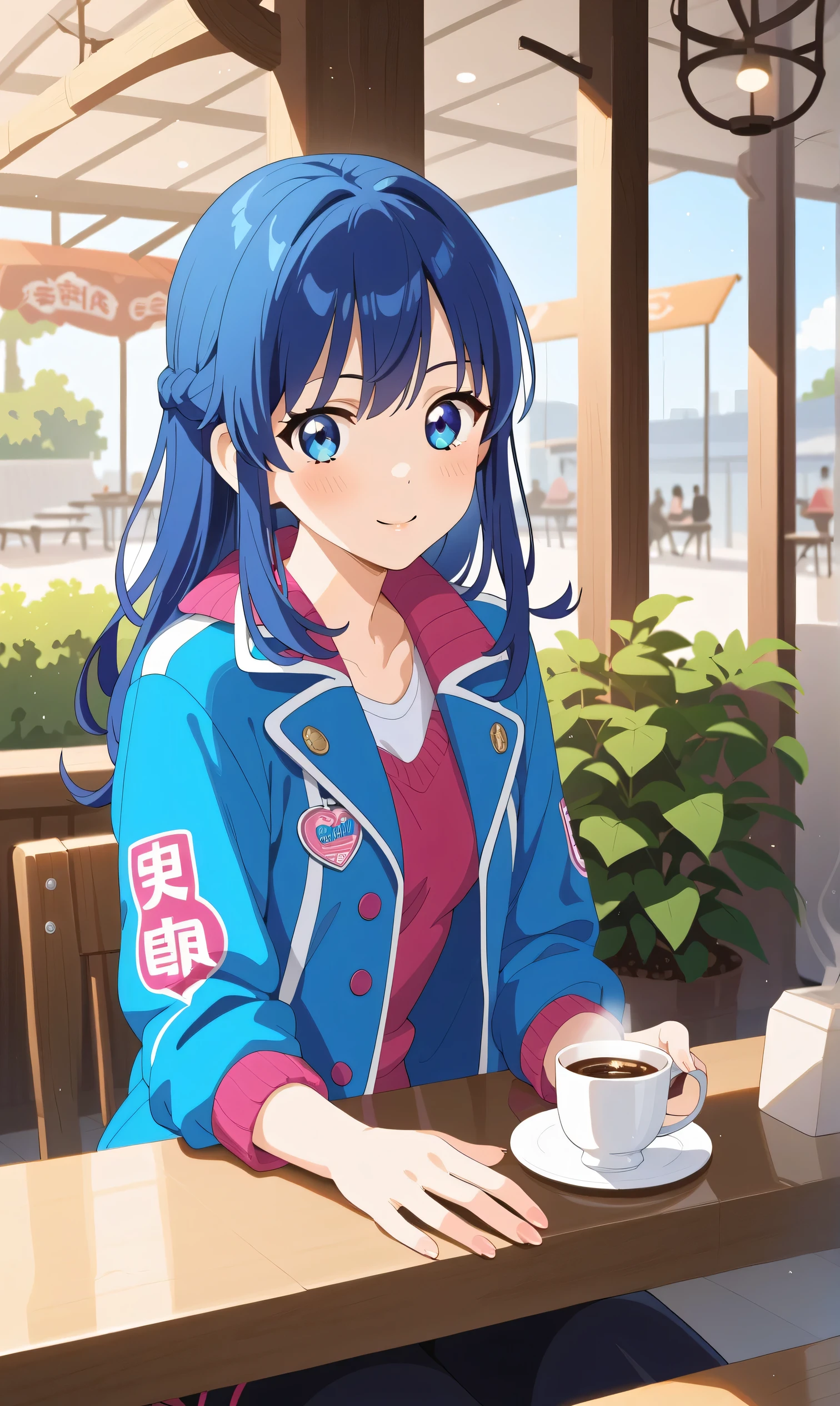 Masterpiece illustration, Vector art, Waiting for someone, 1 woman, Rear view of a woman meeting at a cafe, , Coffee, Urban music, Record jacket, Pensive, (Detailed hands), (Beautiful hands), (Depth of field), Blue hair, Blue eyes, Aoi Kiriya