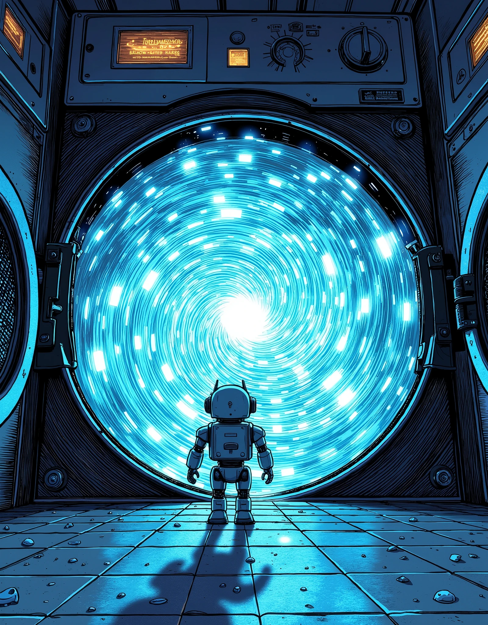(masterpiece:1.2,best illustration:2.0,very detailed),8k,16k,wallpaper,( glowing portal:2.0),( laundromat:2.0)(The dryer door is open:2.0),(乾燥機の中は別次元へと繋がる glowing portal:2.0),(a small and cute robot is standing in front of the dryer door:2.0),(渦巻く glowing portalの美しいグラデーションと神々Shiny Light Vortex:2.0),(comics:2.0),(Line Art:1.0),dynamic angles from below