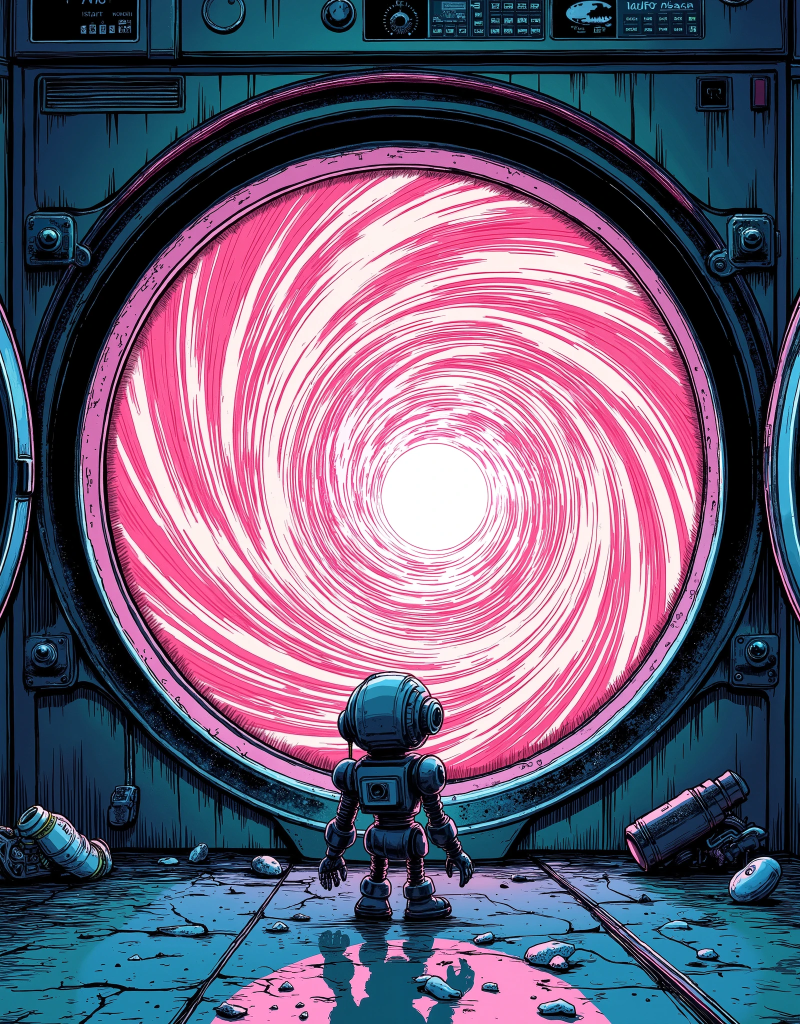 (masterpiece:1.2,best illustration:2.0,very detailed),8k,16k,wallpaper,( glowing portal:2.0),( laundromat:2.0)(The dryer door is open:2.0),(乾燥機の中は別次元へと繋がる glowing portal:2.0),(a small and cute robot is standing in front of the dryer door:2.0),(渦巻く glowing portalの美しいグラデーションと神々Shiny Light Vortex:2.0),(comics:2.0),(Line Art:1.0),dynamic angles from below