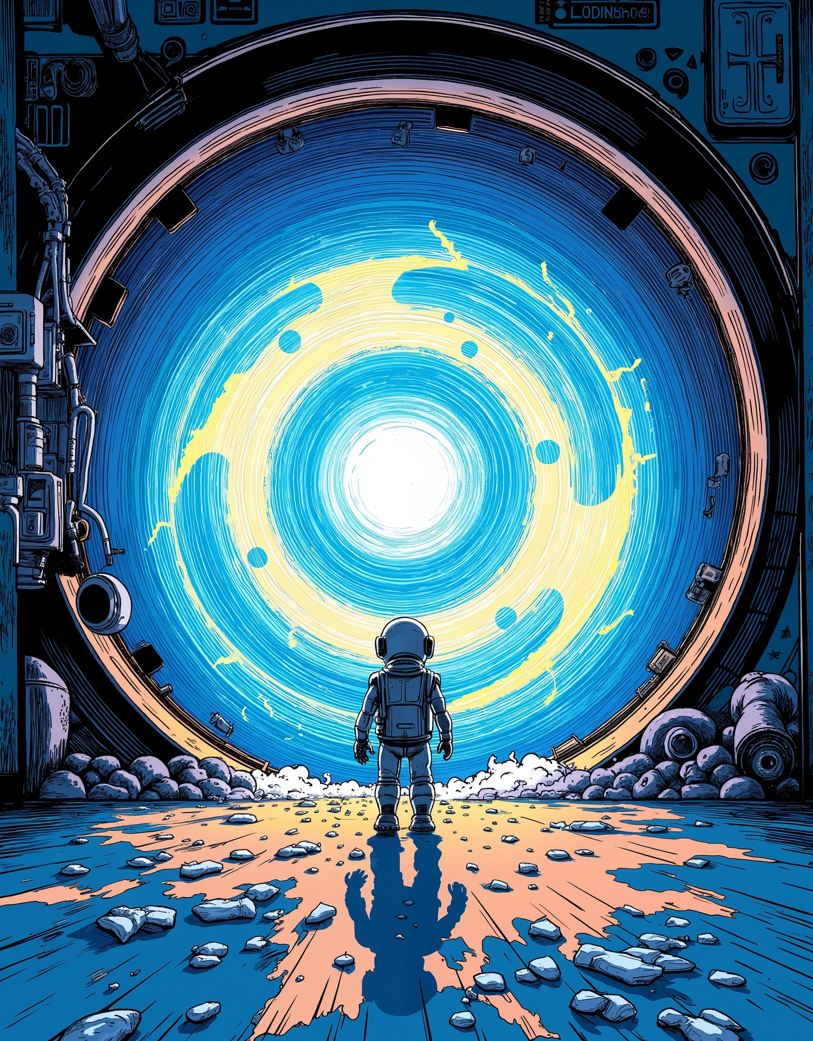 (masterpiece:1.2,best illustration:2.0,very detailed),8k,16k,wallpaper,( glowing portal:2.0),( laundromat:2.0)(The dryer door is open:2.0),(乾燥機の中は別次元へと繋がる glowing portal:2.0),(a small and cute robot is standing in front of the dryer door:2.0),(渦巻く glowing portalの美しいグラデーションと神々Shiny Light Vortex:2.0),(comics:2.0),(Line Art:1.0),dynamic angles from below