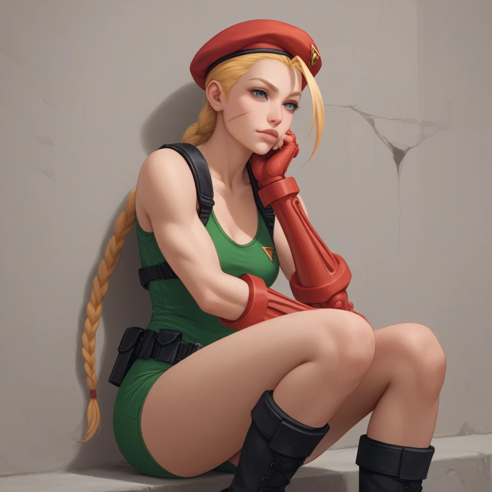 Stylized, full-body illustration of a female cally character in a dynamic pose. She has light skin and long blonde hair styled in two braids. She is wearing a red beret, red fingerless gloves, a green leotard with camouflage patterns, and black combat boots. Her facial expression is determined, with blue eyes and a slight frown. The background is plain white, making the character the focal point of the image.anime, anatomicamente correto, super detalhado, alta qualidade, 4K, anatomicamente correto, altos detalhes, superdetalhado, 4K
