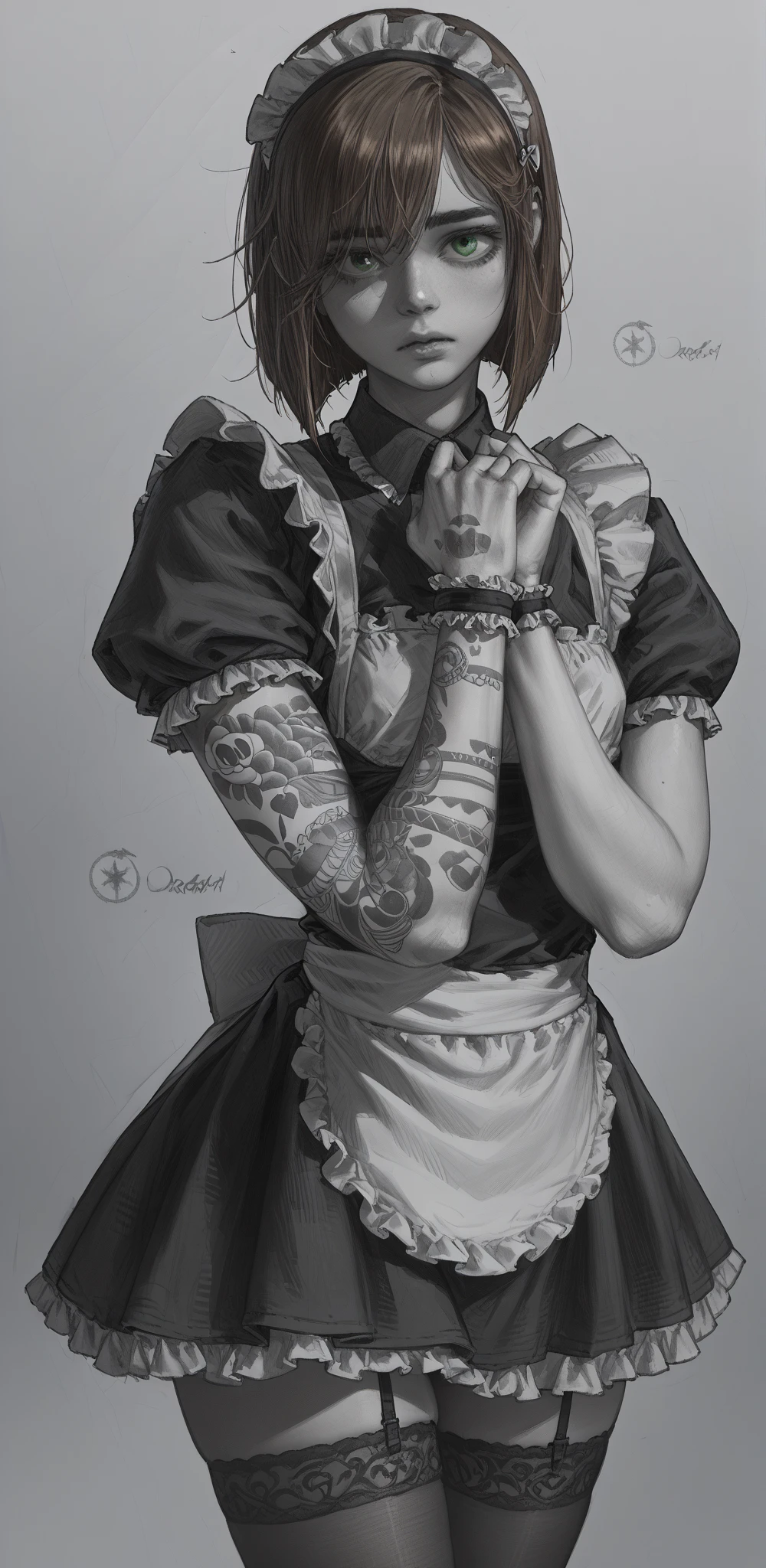 (high resolution, pixel perfect, gorgeous illustrations), (hyper quality, muste piece, etheric: 1.4), ((nsfw)), cowboy shot, face focus, ((1girl)), (boyish, cheeky girl), (((teenage girl))), (hairy_woman), (((punk))), hot Rocker punk girl, ((((sexy pose, open stance)))), cool atmosphere, yellow eyes, black hair, ((((punk_hair, very_short_hair, slicked_back_hair)))), (((piercing))), eyelid_piercing, nose_piercing, ((Exquisite face)), ((black_lips)), tattoo, ((((muscular_female)))), (ideal ratio body proportions, slender, small breasts), fighter, (((maid))), shiny skin, gleaming skin, simple background,
