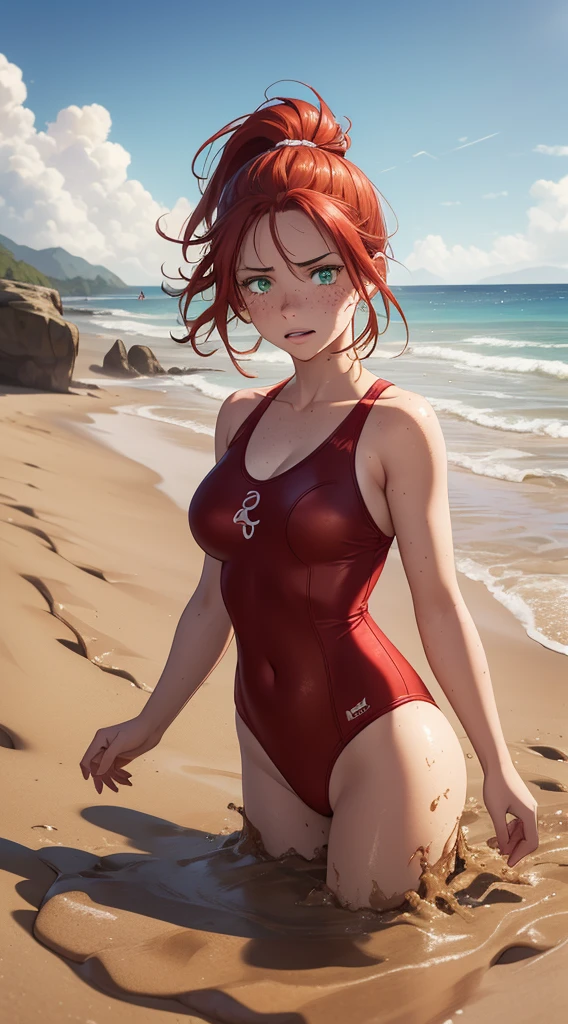 Woman, white skin, red hair, curly hair, long hair, freckled face, freckled body, athletic body, white swimsuit, red lines swimsuit, green eyes, low-cut swimsuit, wet swimsuit, transparent swimsuit, visible nipples, swimming pool, reflective swimsuit, low back, serious look, look at the camera, red lips, heroic pose, big breasts, marked nipples, athletic legs, athletic buttocks, shot from behind.