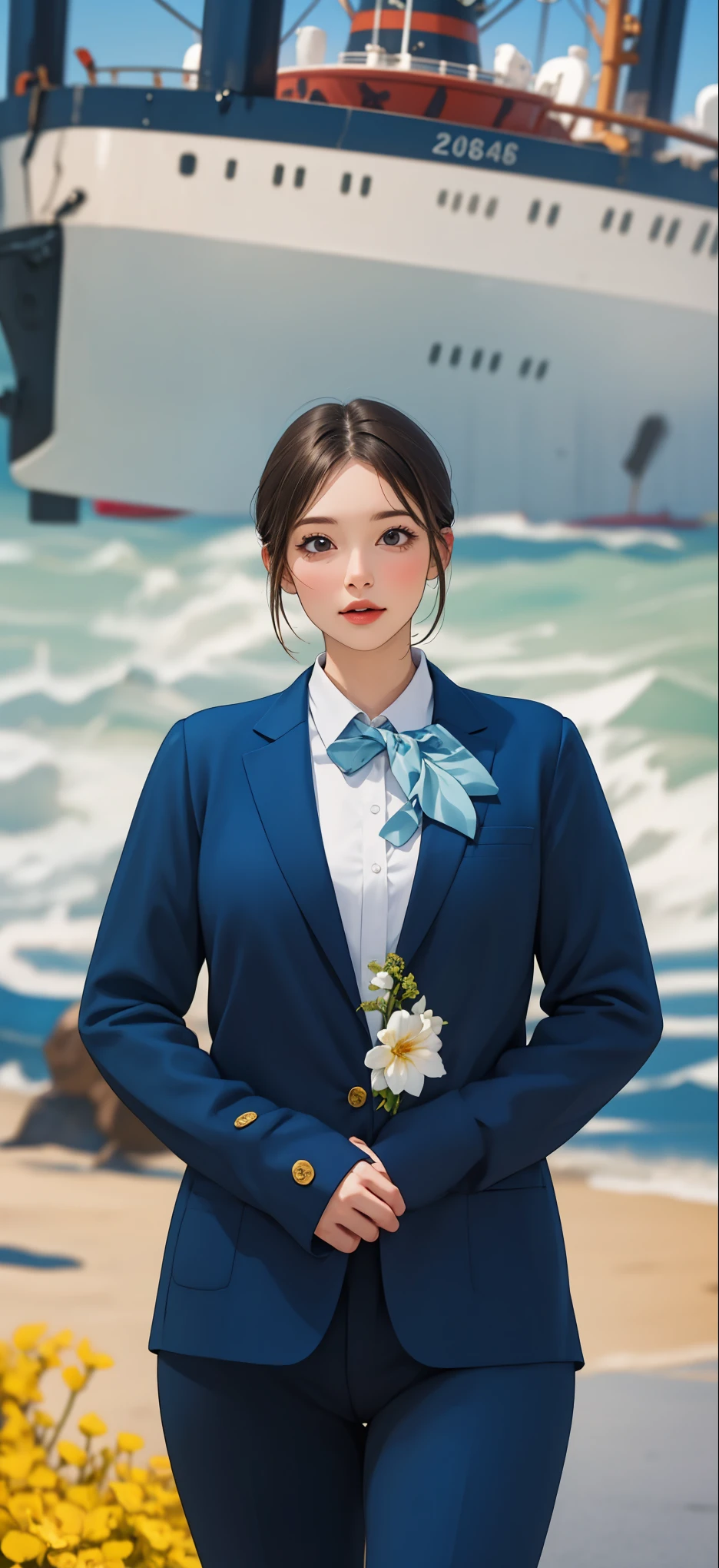 ( masterpiece, Premium quality, best quality, Extremely detailed, Official Art, Light effect, Beauty and Aesthetics : 1.2, 8k resolution, )前景是穿着 blue西装和 blue领结的韩国女人, (Full body portrait of the character), The background consists of an ocean and a sea of flowers,There is a ship in the background,There are a few coconut trees in the background,Realistic art painting, blue, Professional Avatar , Professional Close Up Photography