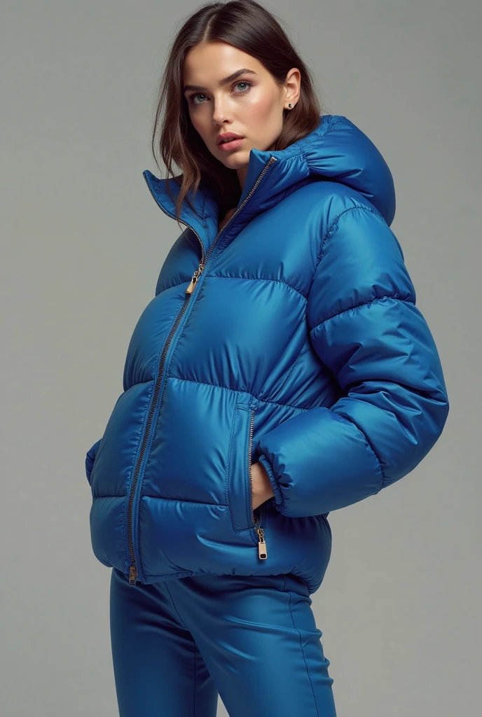 a white woman in a Jaqueta bomber azul and black pants posing for a picture, model wears a Casaco puffer, Casaco puffer, Parka Azul, encapuzado, casaco reflexivo inchado, future inflatable jacket, sobretudo fechado azul colante, azul-marinho, roupas esportivas, reflective Casaco puffer, Jaqueta azul, maxar, harmony Jaqueta azul, azul-marinho, wearing Jaqueta azul