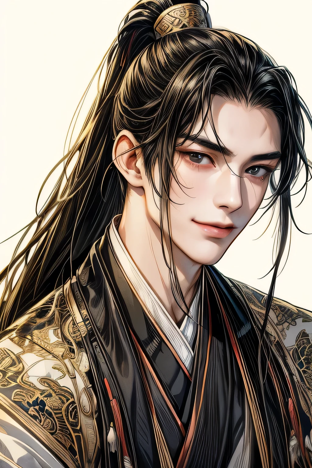 Ancient China , adult male, Age about 25 years old , Handsome , single ,Hanfu , Ancient China Hairstyles, long hair, Dark Hair,black eyes, Smile ,Song Dynasty Costume,Light clothing,romantic, Original Concept Illustration , Masterpiece Illustration ,white background ,High Resolution, Textured Skin , Neoclassical , 8k octagonal rendering,