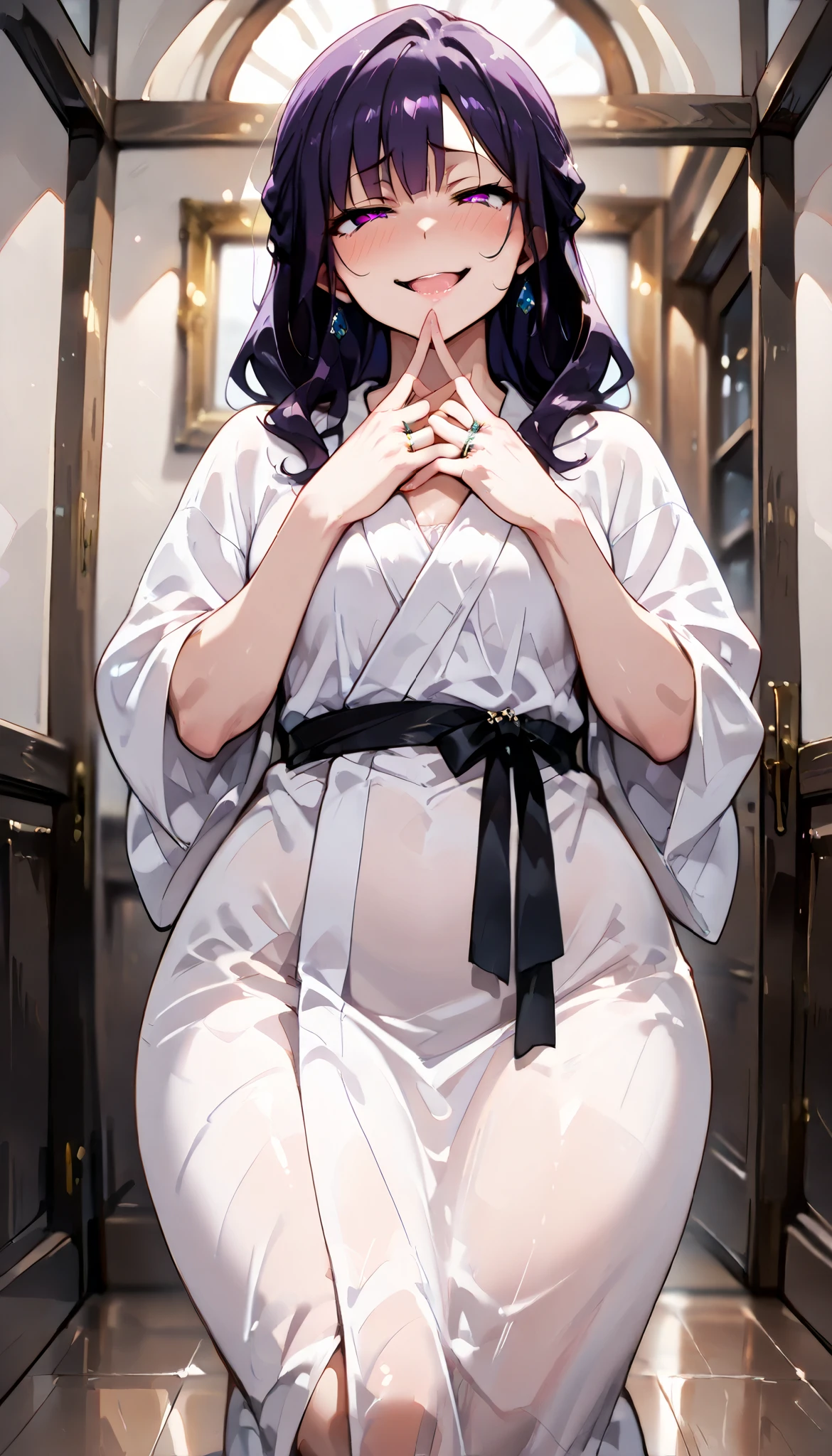 (masterpiece, Highest_quality:1.2), 1 girl, Alone, mature woman, tsub, long hair, purple hair, (housewife:1.5, ring, robe, wedding ring), beautiful eyes, focusing on women, watching viewers, , very small breasts, Chest, wide hips, ( view from below:1.5) ((close-up shot)) ((Alone)) Details, very high resolution , No blurry images , (cowboy shooting), standing, beautiful, elegant, gentle expression, 複雑なDetails, Details background, indoors:1.3、( naughty face on the floor:1.5)