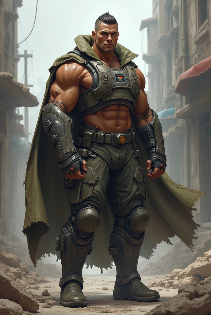 (masterpiece:1.2, best quality:1.2, extremely delicate:1.2), ((male:1.5)), a man with spiky short orange-red hair, side-parted bangs, a calm gaze, a faint smile, a mature and handsome face, dark skin, a tall and muscular build, a bare upper body, several strips of leather armor wrapped around his left shoulder and chest, wrist guards, loose beige cargo pants, standing in a massive circular arena, this character embodies a finely crafted fantasy-realist style gladiator in anime style, exquisite and mature manga art style, dramatic, high definition, highres, ultra-detailed, ultra-fine painting, professional, perfect body proportions, golden ratio, anatomically correct, symmetrical face, extremely detailed eyes and face, high quality eyes, creativity, RAW photo, UHD, 32k, Natural light, cinematic lighting, (masterpiece-anatomy-perfect:1.2)