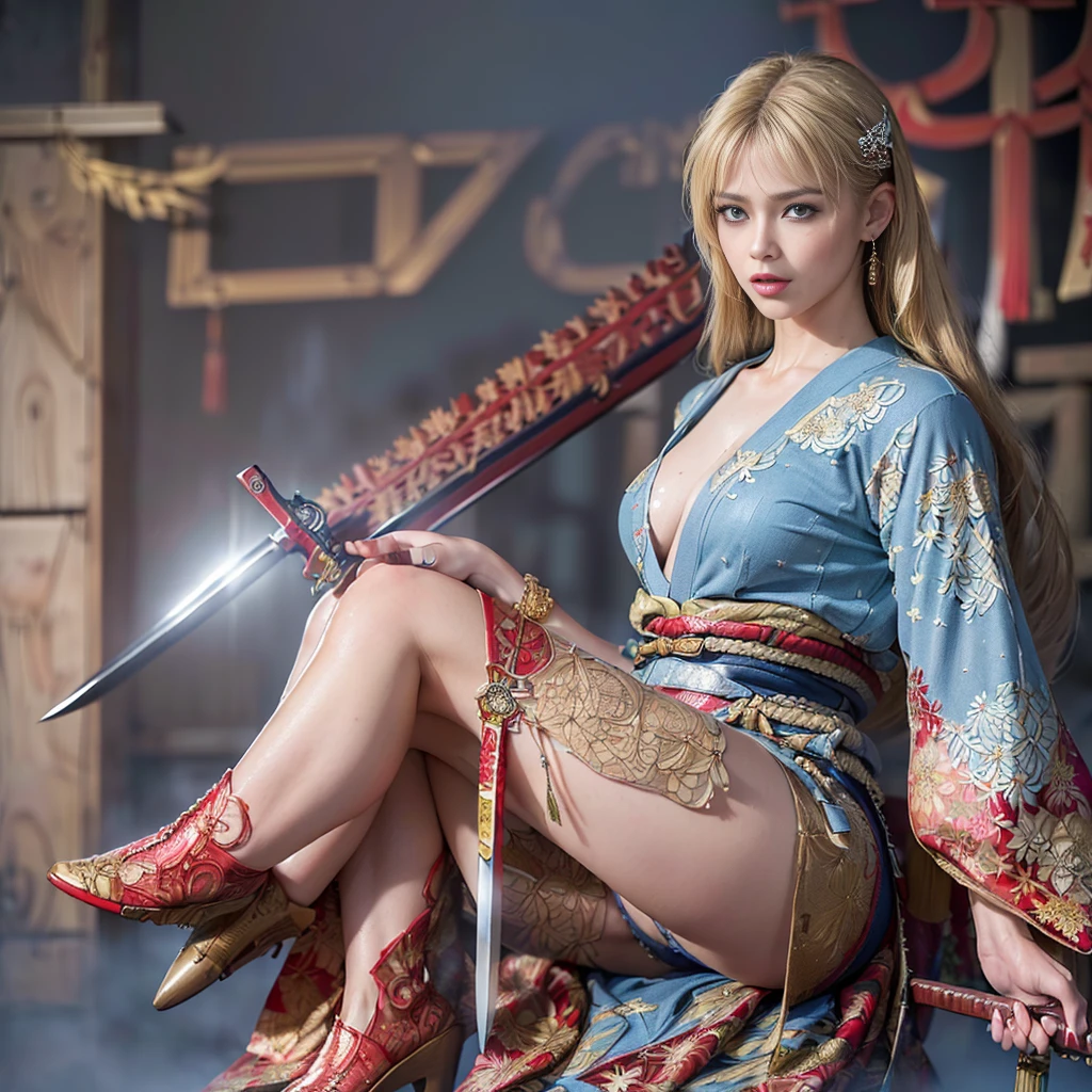 8K, masterpiece, Raw photo, Best Quality, photorealistic, high resolution, depth of fields, Cinematic Light, Lens Flare, Ray tracing, (Extremely beautiful face, Beautiful lips, Beautiful eyes), intricate detail face, ((Ultra detailed skin)), 1women, charming Russian model Nata Lee, light blonde hair, full body, solo, hips up, look at viewer, (detailed face), ninja, naruto style, headband, tattoo, jewelry, blue costume, holding a ninja weapon.