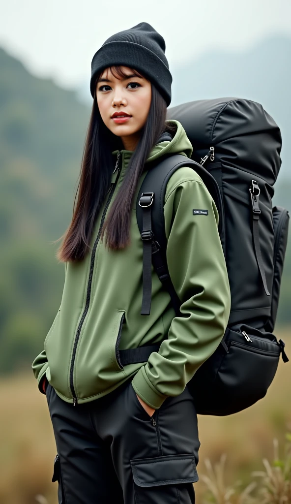 Indonesian woman , 28 years old , straight black hair that reaches the shoulder, beautiful face, white skin, Sharp Nose, thin lips, oval face. She looks like someone of Arab descent. He's wearing a green zip-up jacket, black cargo pants , Black beanie , carrying a big black mountain backpack, stand facing forward .
