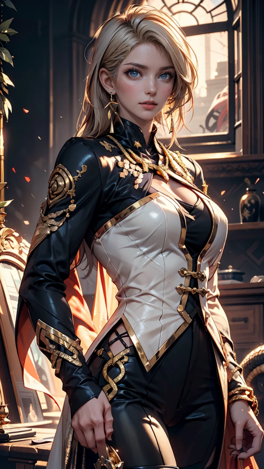 (masterpiece, best quality, highres:1.2), (photorealistic:1.2), (intricate and beautiful:1.2), [:(Face detail: 1.4): 0.4], (detailed light:1.2), (soft lighting, side lighting, reflected light), (colorful, dynamic angle), wallpaper illustration, cowboy shot, extremely gorgeous dragon woman, using a high uniform , Short frilled skirt,black pantyhose, wearing tutututu, black , black serafuku, sailor collar,black miniskirt, long sleeves, chest holster, blond drill hair, blue eyebrows, blue eyelash, huge breast, red lips, long legs, black tights, tall body, seductive body, royal aura, light passing through hair, (official art), (perfect skin), (sharp),