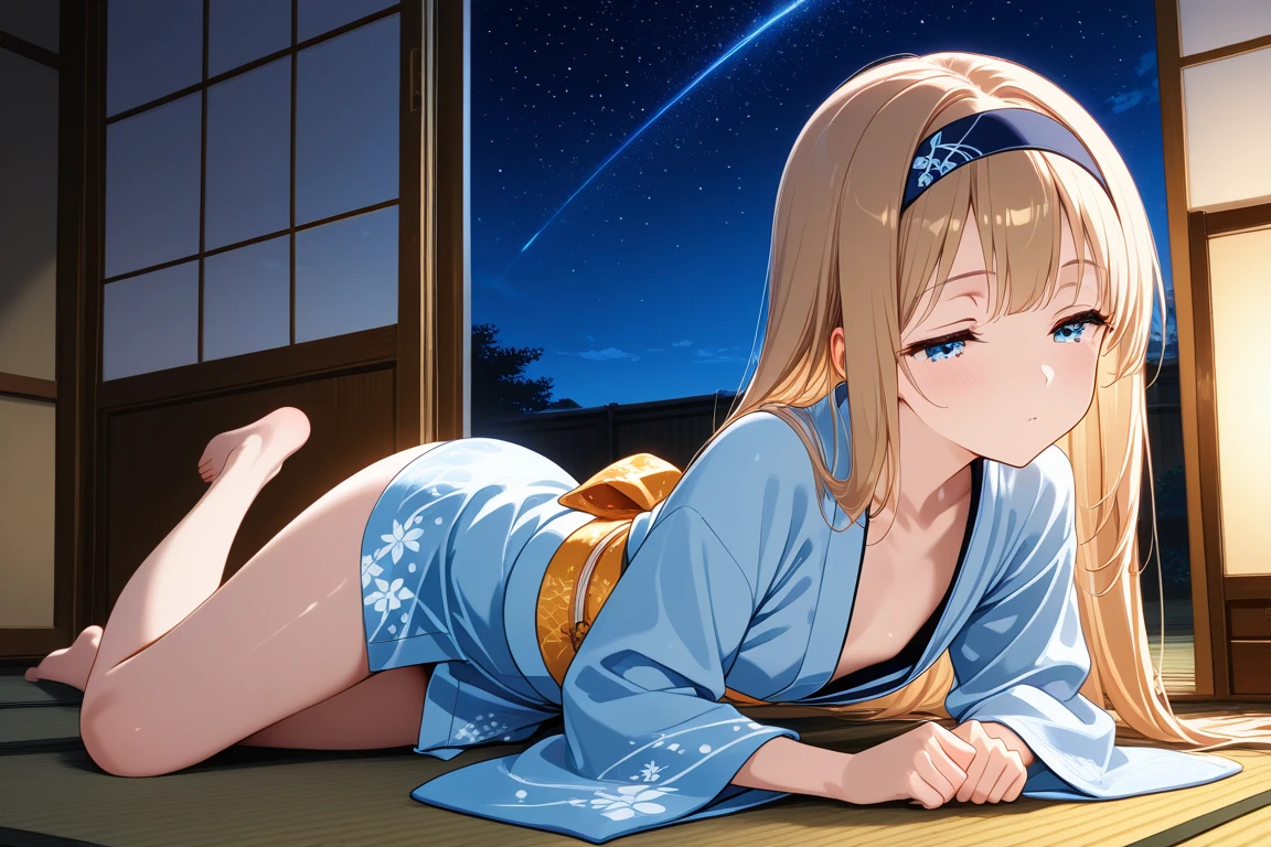 indoor,(night),Japanese-style room,steam,1girl,Rika Jougasaki,Yellow and orange hair hoop, yukata,undressing,pussy,orgasm, blush,,blush,(naked),((Small breasts)),((1boy,vaginale,Sex,penis in pussy,)),Woman on top,pussy focus,