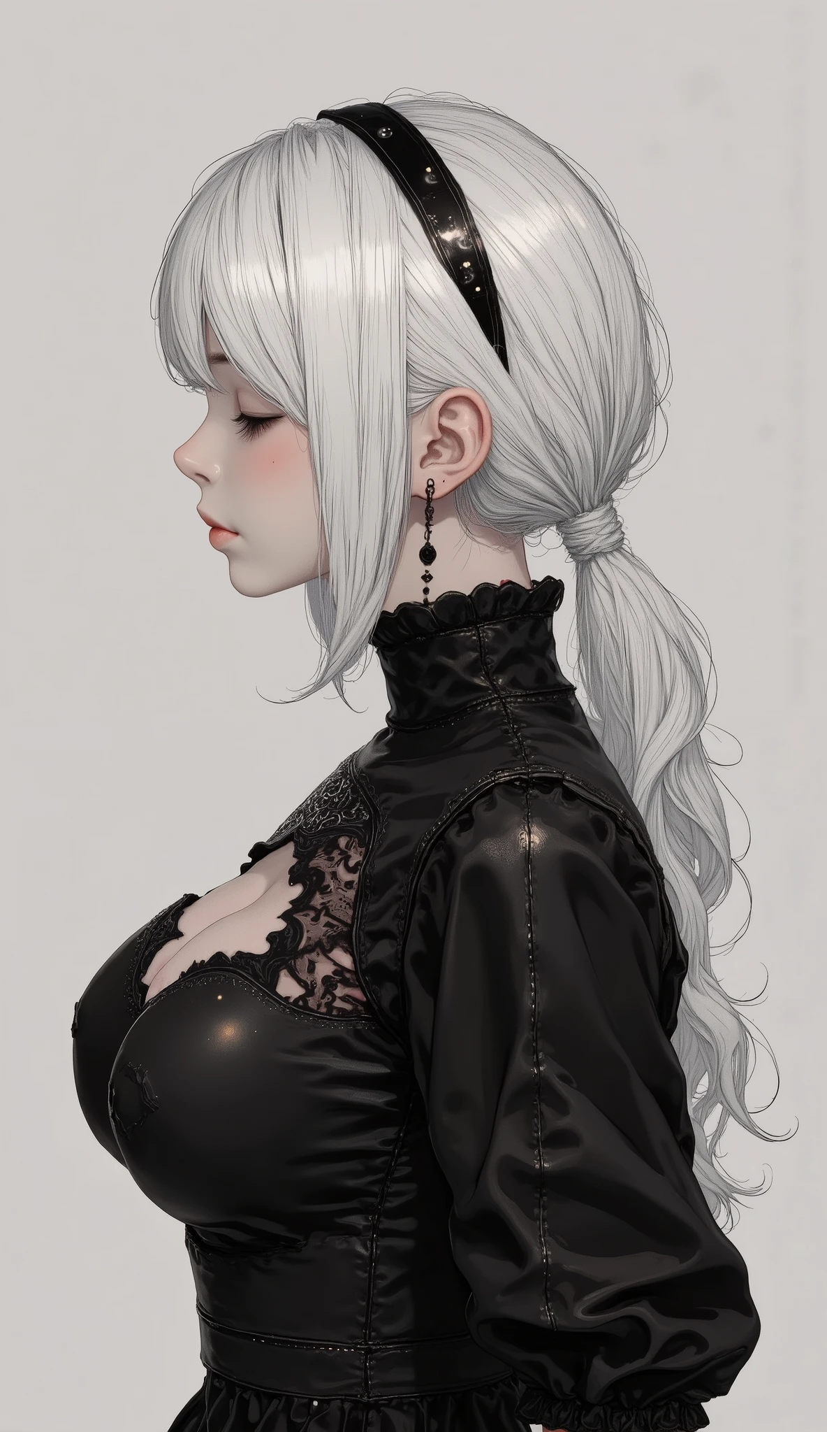 score_9, score_8_up , score_7_up , score_6_up , score_5_up ,rating_safe, source_photorealistic break {(masterpiece,best quality, 16k portrait , Ultra High Resolution, very detailed work, Elegant and beautiful face 、eye 、skin、hair)} break {(rha-woman-type ), (Pale white hair, shortcuts),(魅力的な青灰色のeye ),(前hairで左eye が隠れている),(slender body),charming lips} break {(sensual expression),profile in landscape orientation from、 looking down 、Type 2b,black,black_ hairband ,black leather dress,Chest_ cutout ,The _ sleeve,white_hair,
