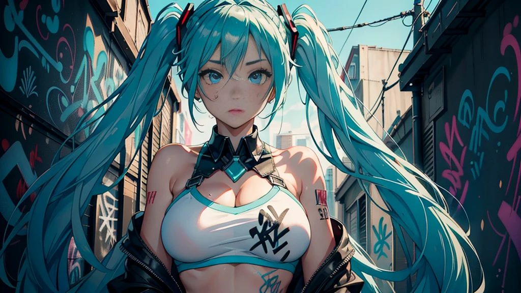 a girl, light blue hair, Hatsune Miku style hair, blue eyes, 20 years old, in berlin, modern city, accessories, sculptural body, best quality, masterpiece, busty, gym shirt, leggings. , gigantic breasts, giga_busty